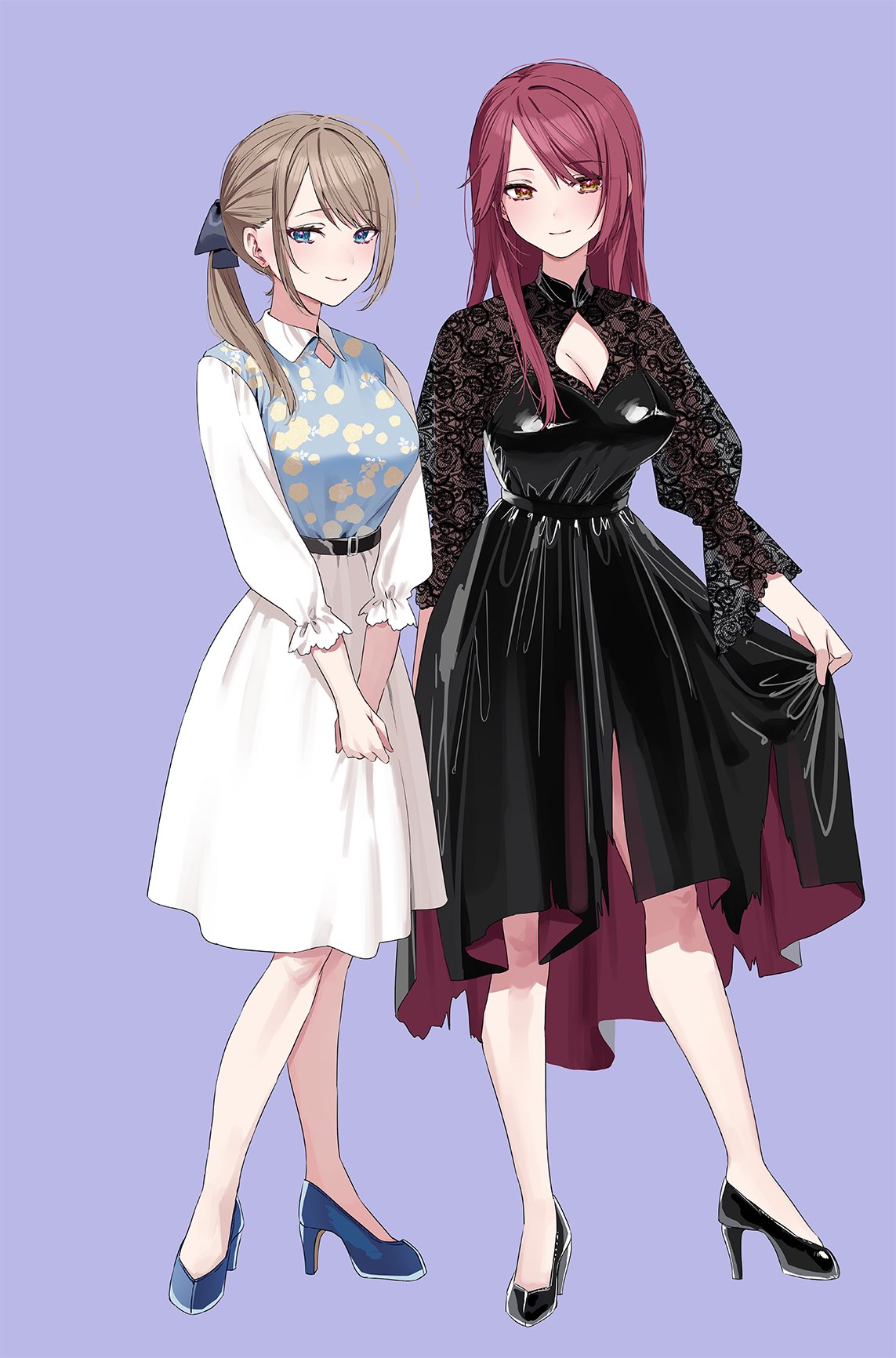 chigusa minori, watashitachi fake marriage?, commentary request, highres, official art, second-party source, 2girls, black dress, black shoes, blue background, blue eyes, blue shirt, blue shoes, breasts, brown hair, cleavage, closed mouth, dress, high heels, large breasts, long hair, long sleeves, mishima yukinobu, multiple girls, ponytail, red eyes, red hair, shirt, shoes, simple background, skirt, skirt hold, standing, tatsuhime rabu, white skirt