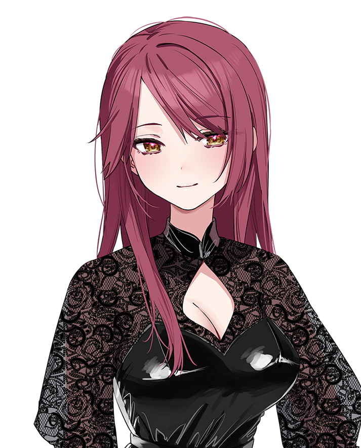 chigusa minori, watashitachi fake marriage?, commentary request, official art, second-party source, 1girl, breasts, cleavage, closed mouth, large breasts, red eyes, red hair, simple background, solo, tatsuhime rabu, white background