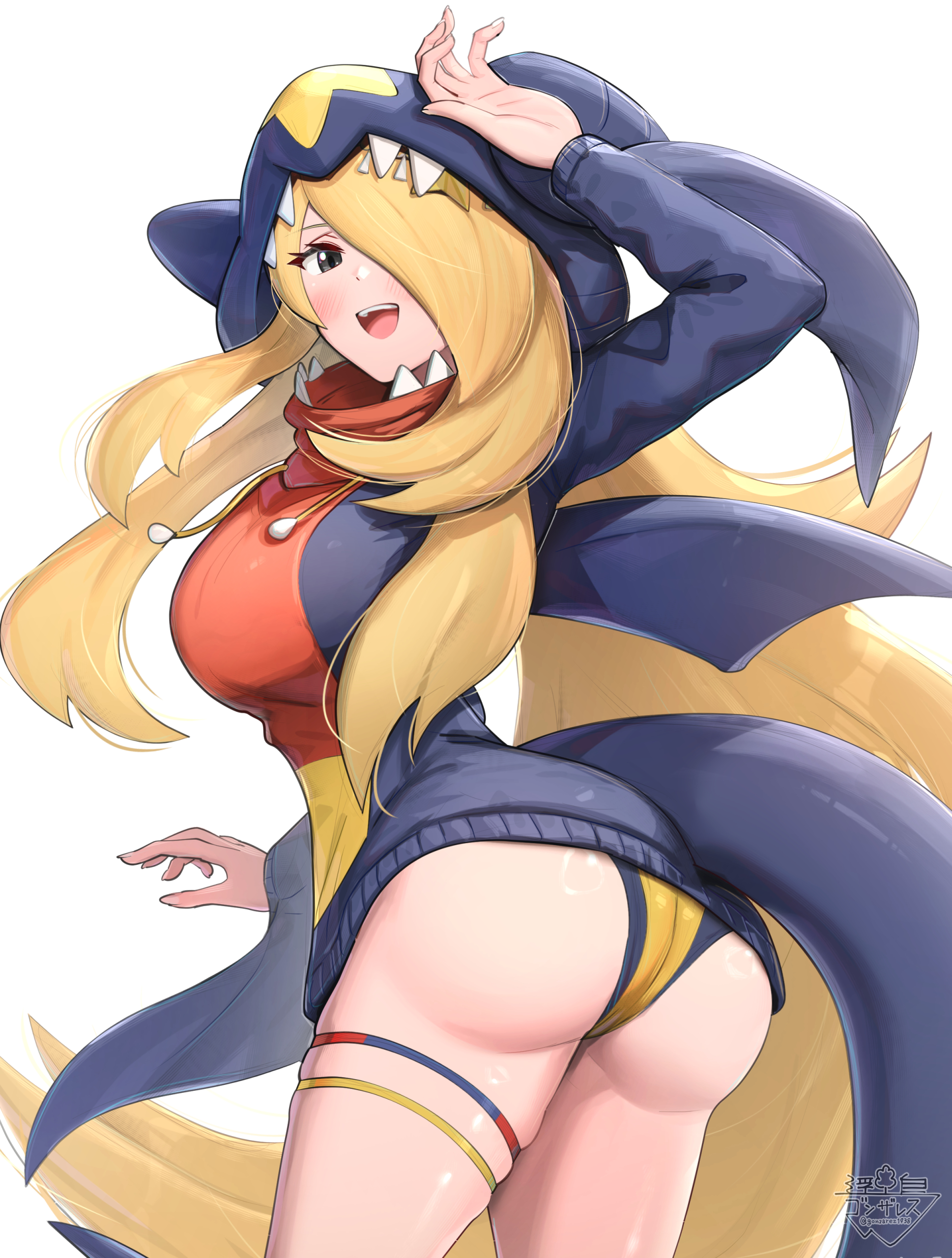 gonzarez, cynthia (pokemon), garchomp, nintendo, pokemon, pokemon dppt, absurdres, highres, 1girl, ass, blonde hair, blush, breasts, cosplay, fangs, fins, garchomp (cosplay), gen 4 pokemon, grey eyes, hair ornament, hair over one eye, hood, hood up, hoodie, large breasts, long hair, looking at viewer, one-piece swimsuit, open mouth, simple background, smile, solo, swimsuit, teeth, thigh strap, upper teeth only, very long hair, white background