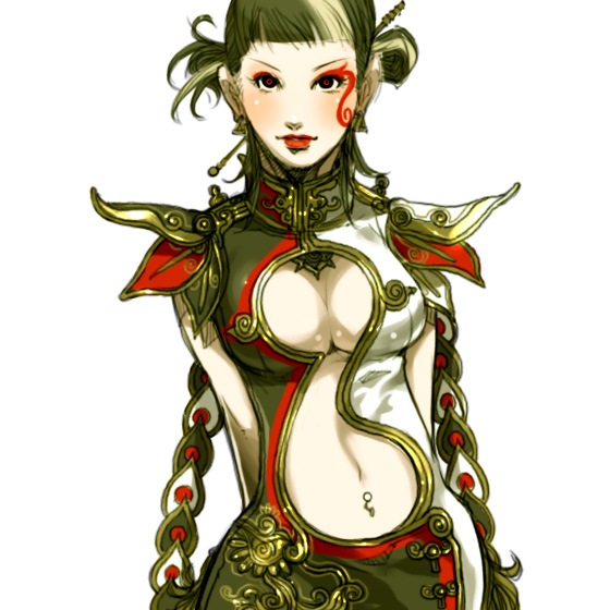 falcoon, original, 1girl, braid, breasts, center opening, chinese clothes, cleavage, cleavage cutout, clothing cutout, female focus, midriff, navel, navel cutout, navel piercing, piercing, shoulder pads, solo