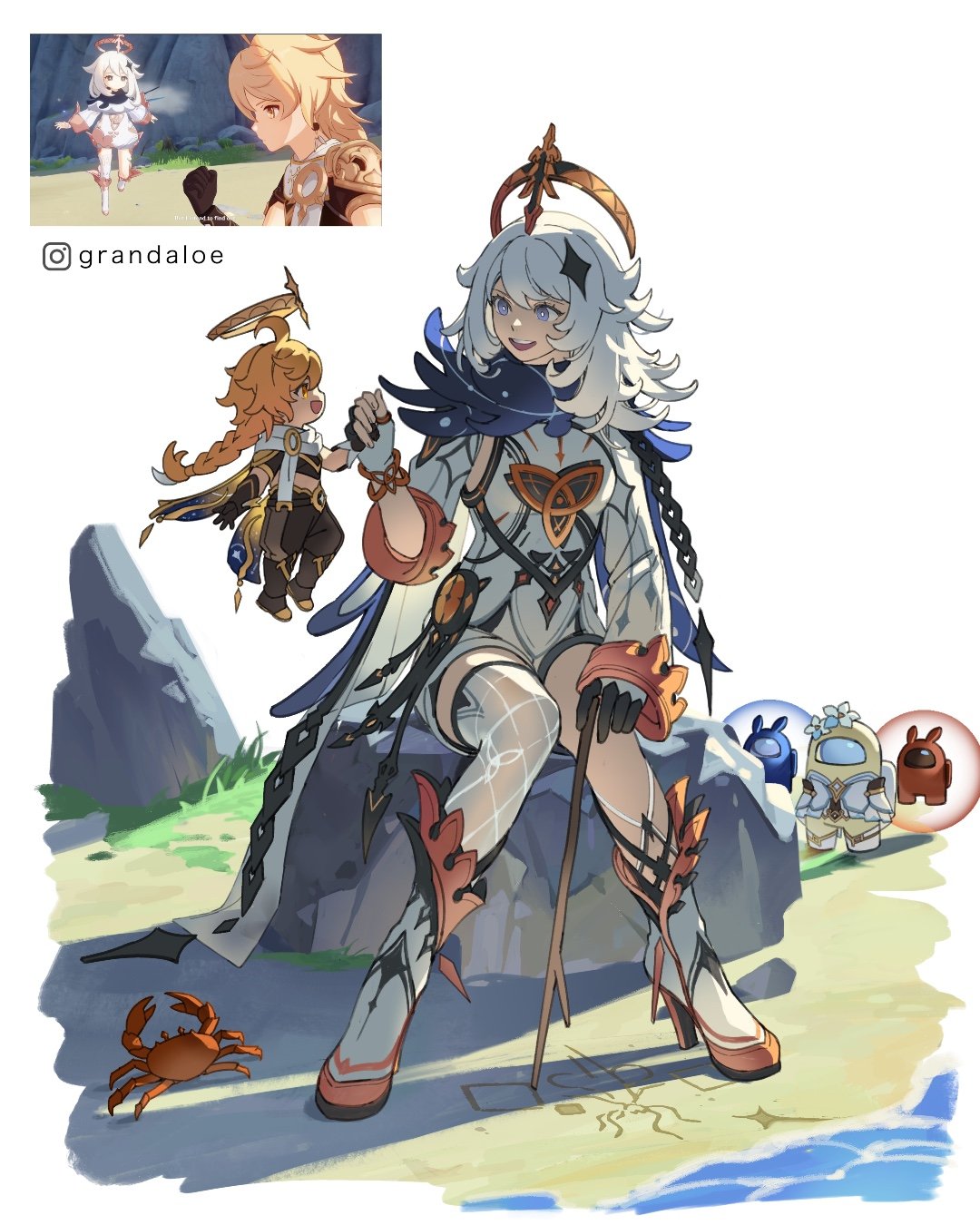 grandaloe, abyss mage (genshin impact), aether (genshin impact), blue (among us), crewmate (among us), lumine (genshin impact), paimon (genshin impact), red (among us), among us, genshin impact, commentary, english commentary, highres, 1boy, 2girls, 2others, aged down, aged up, ahoge, beach, black boots, black gloves, black pants, black shirt, blonde hair, blue cape, boots, braid, braided ponytail, bright pupils, cape, chain, crab, crop top, crossover, detached sleeves, fingerless gloves, game screenshot inset, gloves, gold trim, grey eyes, hair between eyes, hair ornament, halo, hand up, high heel boots, high heels, holding, holding hands, holding stick, instagram logo, instagram username, long hair, long sleeves, looking at another, multiple girls, multiple others, on rock, open mouth, outdoors, pants, reference inset, rock, role reversal, romper, sand, scarf, shirt, single thighhigh, sitting, smile, star (symbol), star hair ornament, stick, teeth, thighhighs, upper teeth only, water, white boots, white gloves, white hair, white pupils, white romper, white scarf, white thighhighs, yellow eyes