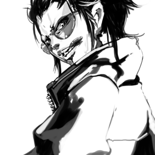 falcoon, original, lowres, 1girl, collar, evil smile, facial hair, female focus, greyscale, long hair, long sleeves, looking at viewer, looking back, monochrome, mustache, smile, solo, sunglasses, upper body