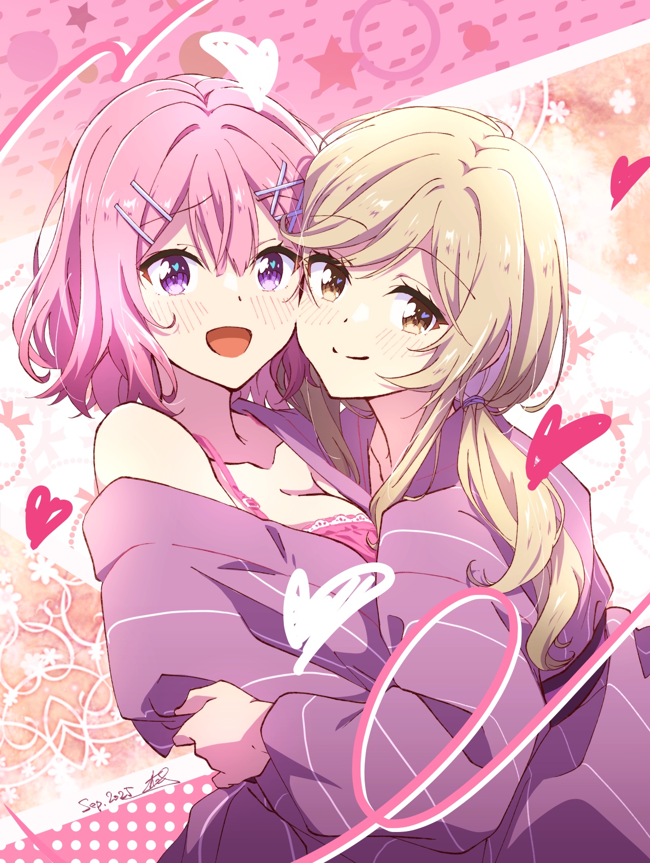 nii manabu, amaori renako, sena ajisai, watashi ga koibito ni nareru wake naijan murimuri!, commentary request, highres, 2girls, :d, blonde hair, blush, bra, breasts, cheek-to-cheek, cleavage, closed mouth, collarbone, dated, hair ornament, hairclip, heads together, heart, long hair, looking at viewer, medium breasts, multiple girls, open mouth, pink bra, pink hair, purple eyes, short hair, signature, smile, underwear, x hair ornament, yellow eyes