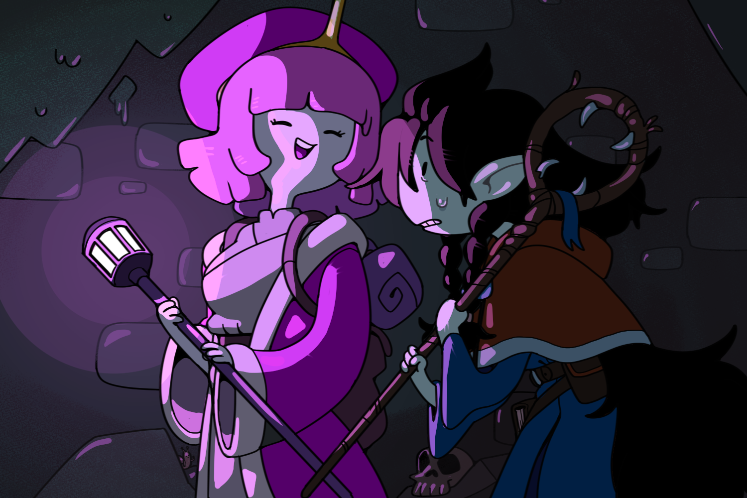 discount-supervillain, falin touden, marceline abadeer, marcille donato, princess bonnibel bubblegum, adventure time, dungeon meshi, 2girls, blue robe, braid, cosplay, falin touden (cosplay), holding, holding staff, long hair, marcille donato (cosplay), multiple girls, robe, staff, standing, toon (style)