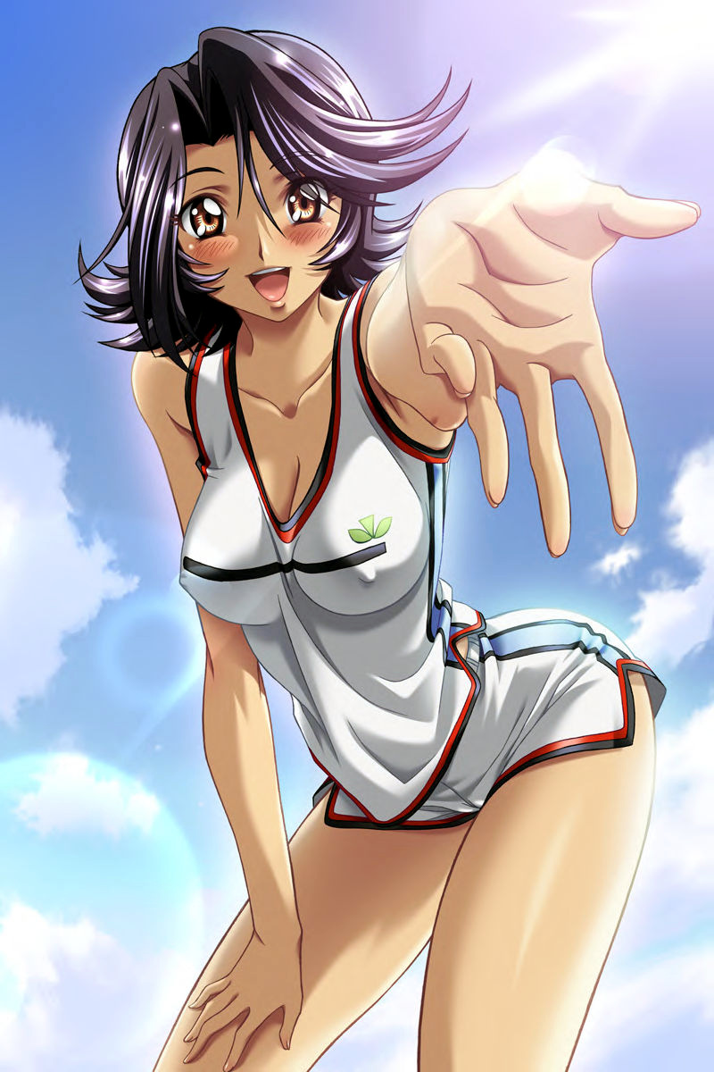 kimura takahiro, kamishima tomoko, ano machi no koi no uta, p-factory, hand on thigh, game cg, highres, 1girl, :d, bare shoulders, black hair, blush, breasts, cleavage, cloud, covered erect nipples, day, female focus, fingernails, foreshortening, gym uniform, hair between eyes, hand on own thigh, large breasts, leaning forward, lens flare, light rays, long fingernails, open mouth, orange eyes, outdoors, outstretched arm, outstretched hand, parted bangs, purple hair, reaching, short hair, short shorts, shorts, side slit, sky, smile, solo, spiked hair, standing, sun, sunbeam, sunlight, tan, tank top
