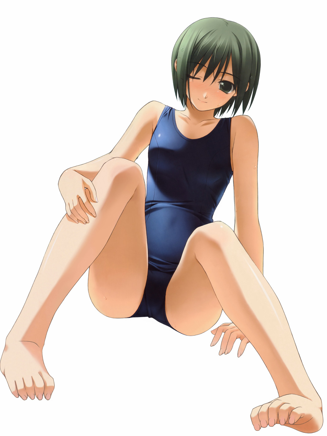 highres, tagme, green eyes, green hair, one-piece swimsuit, school swimsuit, solo, swimsuit, white background