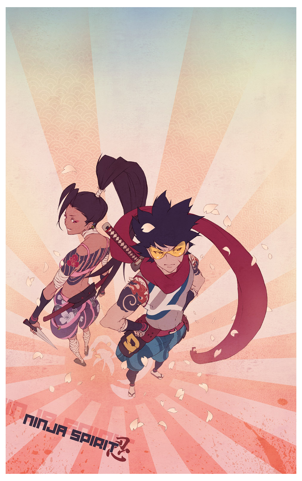 studio qube, studioqube, original, highres, 1boy, 1girl, bandages, bodypaint, dark skin, glasses, kunai, ninja, tattoo, weapon