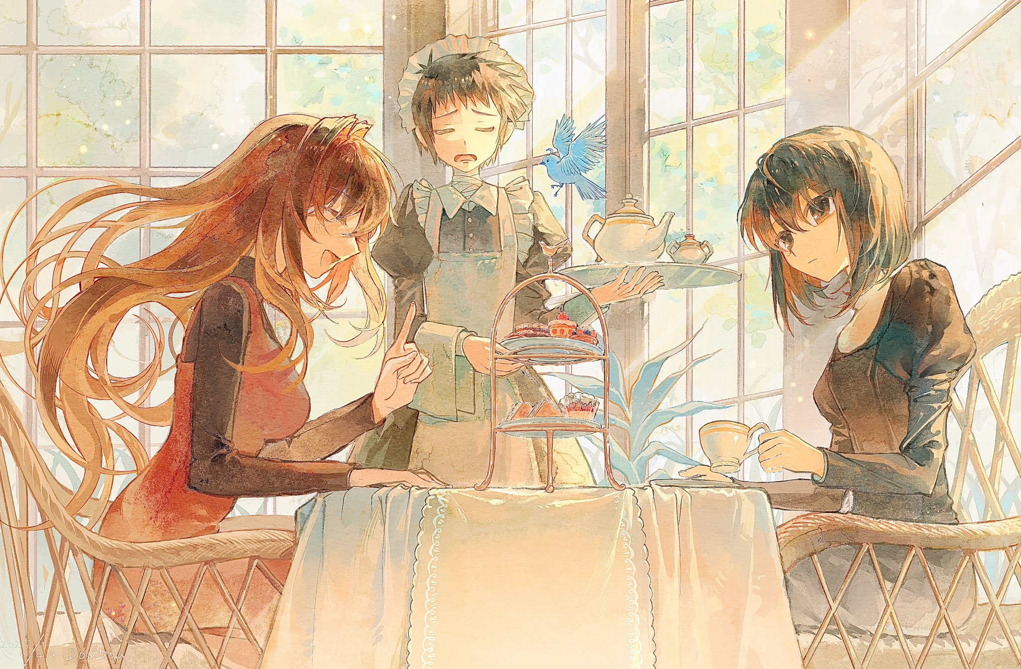 xianyu liang, aozaki aoko, kuonji alice, lost robin rondo, shizuki soujuurou, mahou tsukai no yoru, commentary request, highres, 1boy, 2girls, alternate costume, animal, apron, bandaged neck, bandages, bird, black dress, black eyes, black hair, blue bird, brown hair, chair, closed eyes, closed mouth, crossdressing, crossdressing (mtf), cup, dress, enmaided, hair intakes, holding, holding cup, holding tray, index finger raised, indoors, juliet sleeves, long hair, long sleeves, looking at another, maid, maid apron, maid headdress, multiple girls, open mouth, profile, puffy sleeves, short hair, sitting, smile, table, teacup, teapot, tray, white apron, window