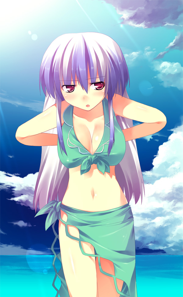 kamishirasawa keine, touhou, 1girl, bikini, breasts, cleavage, cloud, day, female focus, large breasts, ocean, purple hair, red eyes, sarong, solo, swimsuit, water