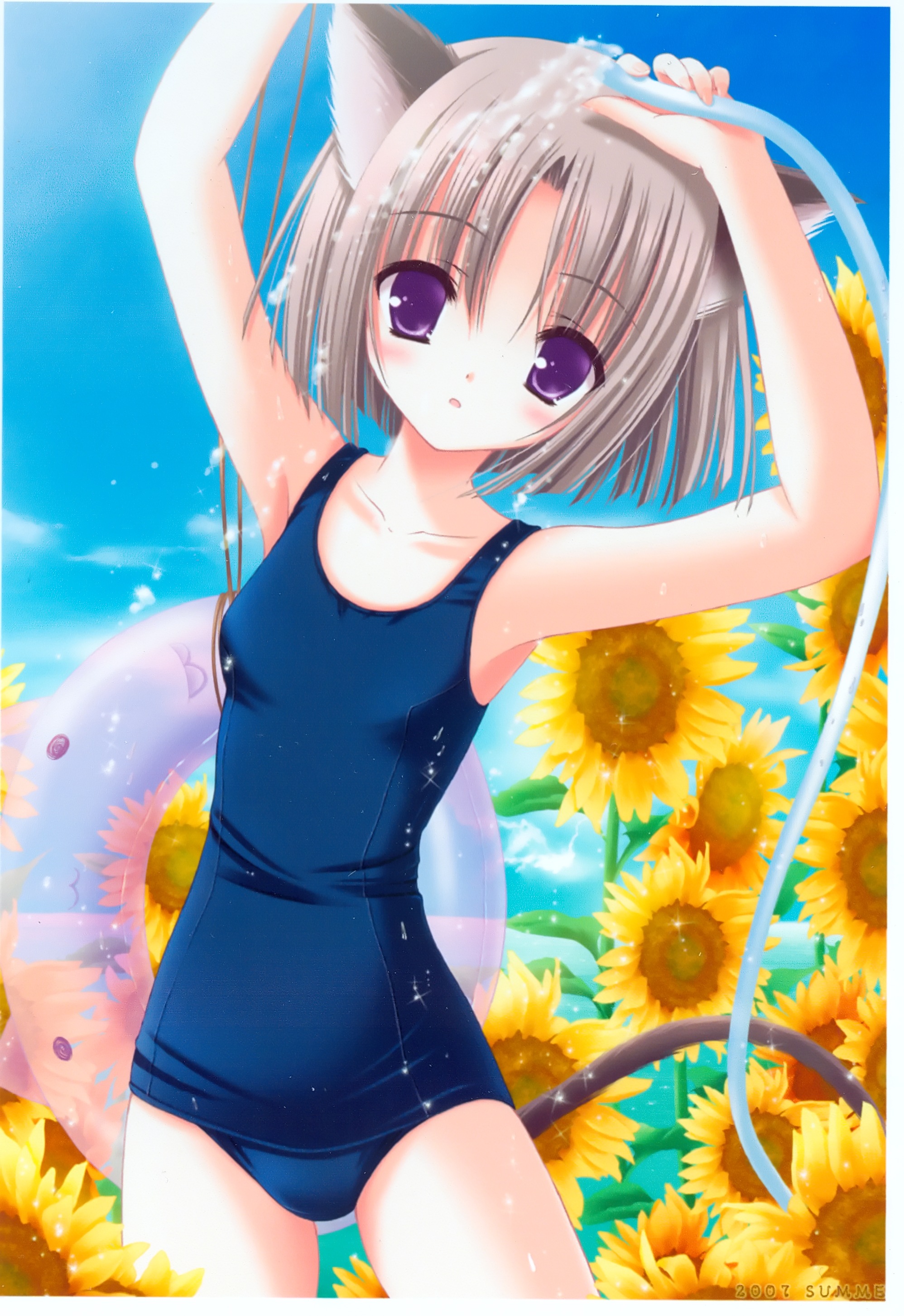 tinker bell (pixiv 10956015), absurdres, highres, 1girl, animal ears, blush, cat ears, cat tail, female focus, flower, hose, innertube, one-piece swimsuit, school swimsuit, solo, sunflower, swim ring, swimsuit, tail, water