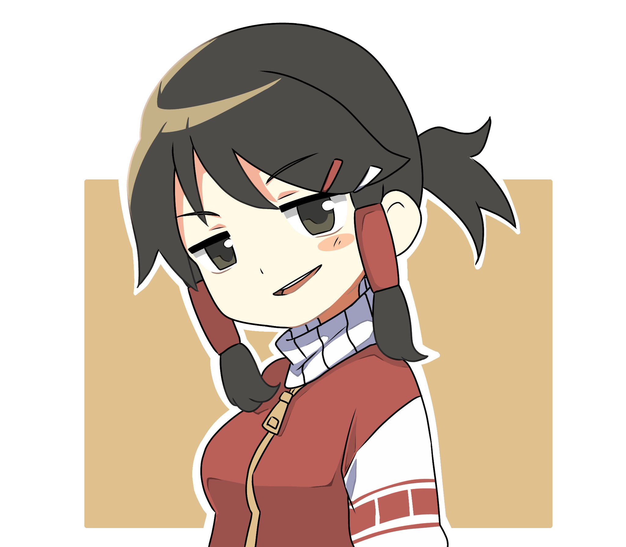 cili (cookie), hakurei reimu, cookie (touhou), touhou, commentary request, highres, 1girl, black eyes, black hair, blush stickers, breasts, brown background, hair ornament, hair tubes, hairclip, inc 315315, jacket, letterman jacket, looking at viewer, medium breasts, open mouth, red jacket, short hair, simple background, single blush sticker, smile, solo, two-tone background, upper body, white background, zipper