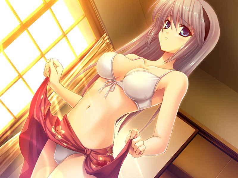 fumio (ura fmo), sakagami tomoyo, clannad, tomoyo after, game cg, 00s, 1girl, bare shoulders, bikini, blue eyes, blush, breasts, cleavage, clothes lift, dutch angle, female focus, front-tie top, hairband, lens flare, long hair, navel, sarong, sarong lift, skirt, skirt lift, solo, swimsuit, white bikini