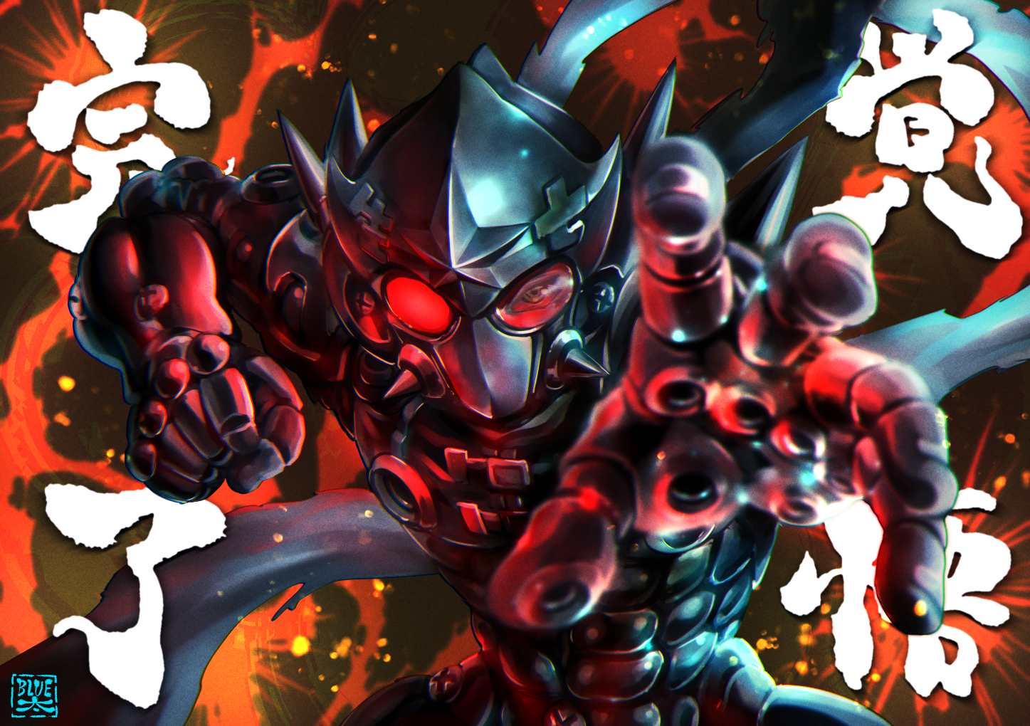 kakugo no susume, 1boy, armor, aura, black armor, clenched hand, hali82252270, helmet, multicolor background, open hand, power armor, red eyes, reflective clothes, scarf, spikes, strap, text background, transparent, transparent eyewear, white scarf, 哈多扩路