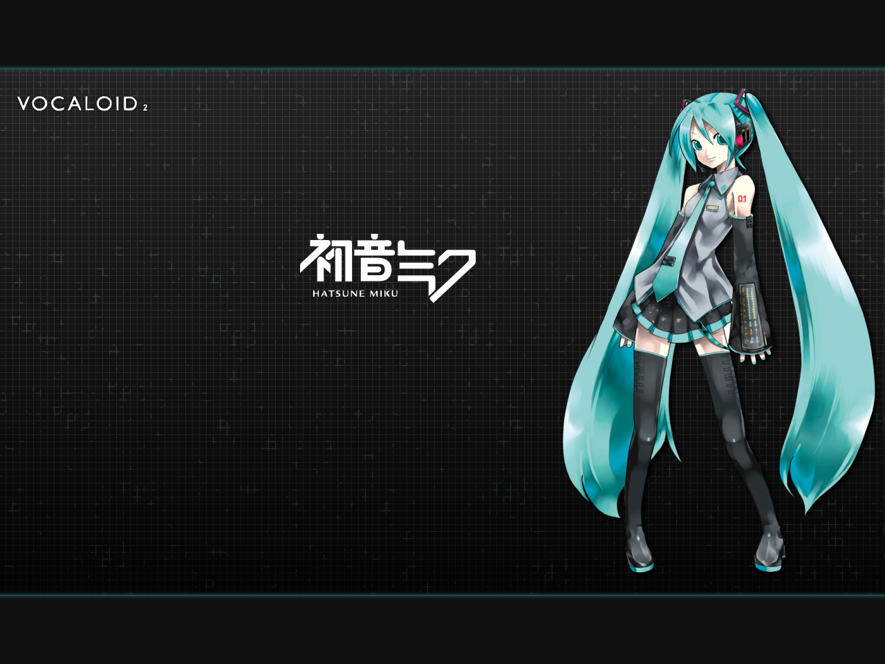 kei (keigarou), hatsune miku, vocaloid, 1girl, aqua hair, aqua nails, dark, female focus, long hair, nail polish, number tattoo, shoulder tattoo, solo, tattoo, thighhighs, twintails, very long hair