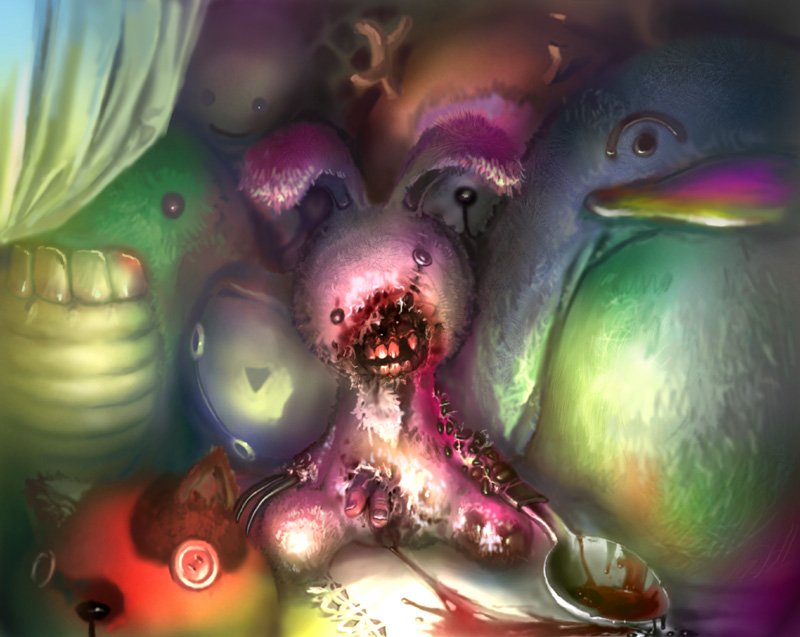 tsukushi akihito, blood, buttons, claws, creepy, doll, guro, horror (theme), monster, monster focus, no humans, rabbit, spoon, stuffed animal, stuffed toy, what
