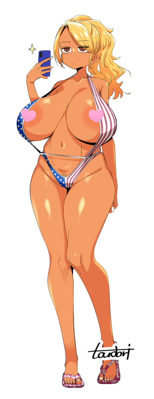 toudori, yamamoto (food court), food court de mata ashita, 1girl, american flag bikini, american flag print, bikini, breasts, flag print, flag print bikini, large breasts, print bikini, solo, swimsuit, tan