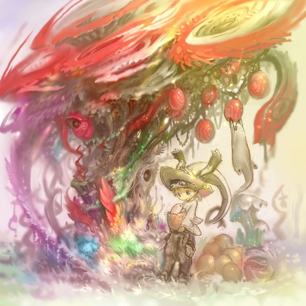 tsukushi akihito, tagme, blouse, egg, fantasy, food, fruit, hat, male focus, mushroom, shirt, solo, standing, tree, white hat, white shirt