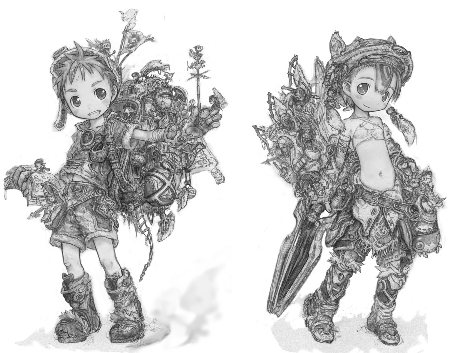 tsukushi akihito, original, highres, 1boy, 1girl, backpack, bag, boots, child, greyscale, hat, midriff, mini person, minigirl, monochrome, navel, randoseru, standing