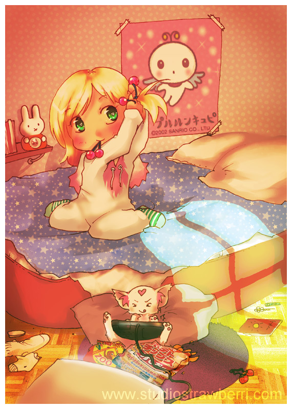 diana jakobsson, miffy (character), puchi (diana jakobsson), pururun (diana jakobsson), pururun (kyatto ninden teyandee), miffy, original, sega, striped, 1girl, :q, adjusting hair, bed, blonde hair, child, game console, green eyes, hair bobbles, hair ornament, magical girl, pajamas, pillow, playing, sega mega drive, short hair, smile, socks, tongue, tongue out, watermark