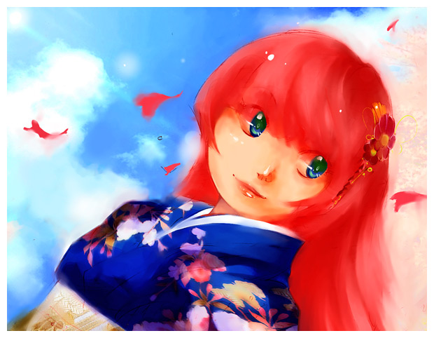 diana jakobsson, original, blue eyes, cherry blossoms, hair ornament, hairpin, japanese clothes, kimono, red hair, solo