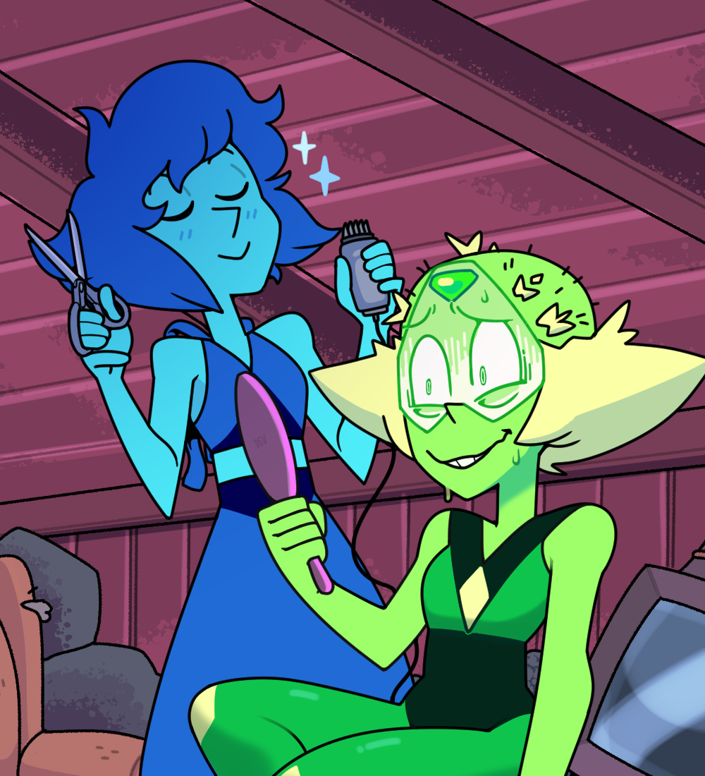 discount-supervillain, lapis lazuli (steven universe), peridot (steven universe), steven universe, blonde hair, blue hair, blue skin, colored skin, cutting another's hair, cutting hair, face shield, forehead jewel, gem, hair clipper, holding, holding scissors, homeworld gem uniform, homeworld lapis lazuli uniform, lapis lazuli (species) (steven universe), scissors, shaved head, short hair, smile