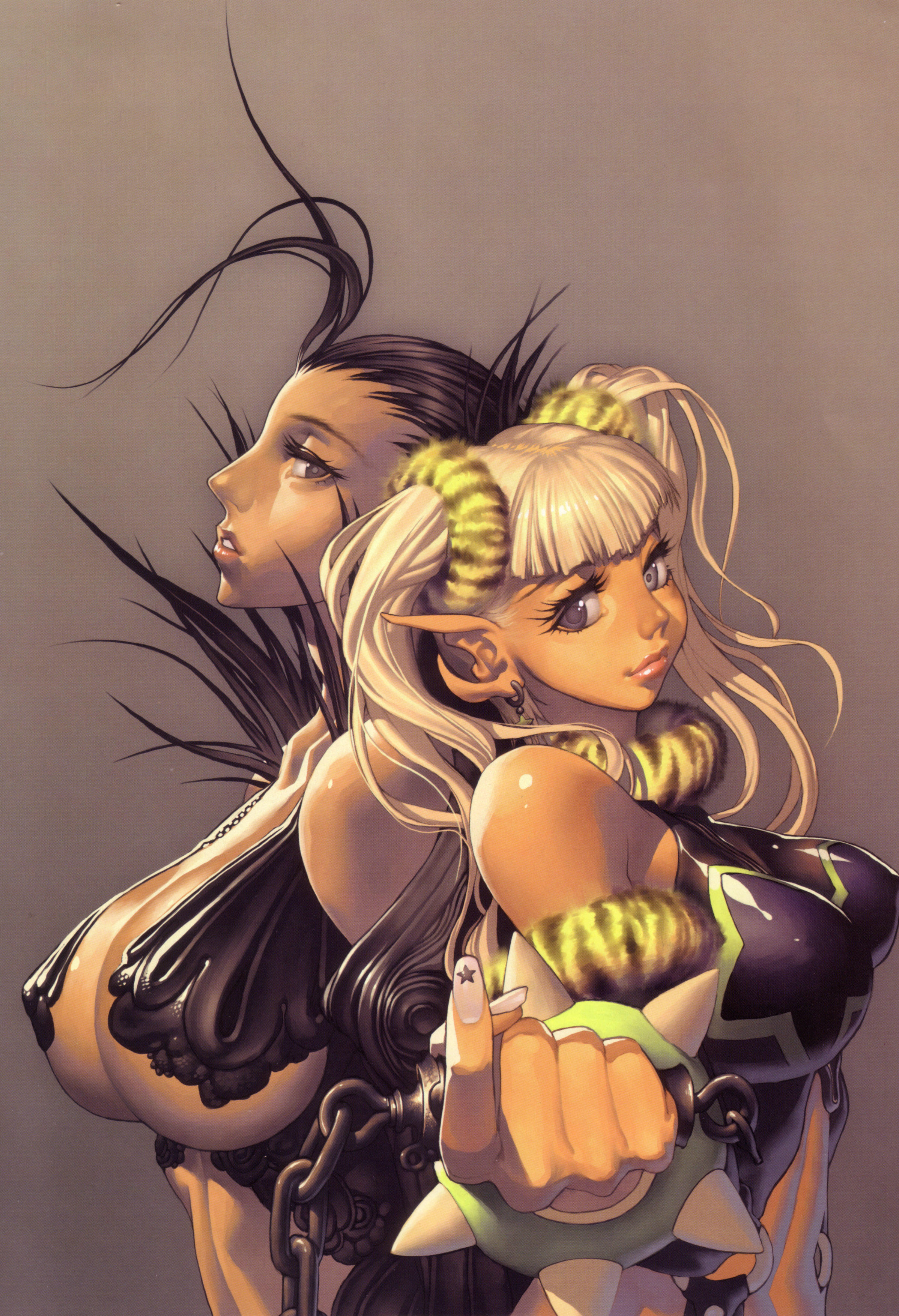 kim hyung tae, carian lora, roxy midka, magna carta, magna carta crimson stigmata, oxide 2, absurdres, highres, 2girls, bare shoulders, black eyes, black hair, blonde hair, breasts, chain, cleavage, earrings, foreshortening, heterochromia, jewelry, large breasts, lips, multiple girls, skin tight, twintails, underboob, white eyes, white hair