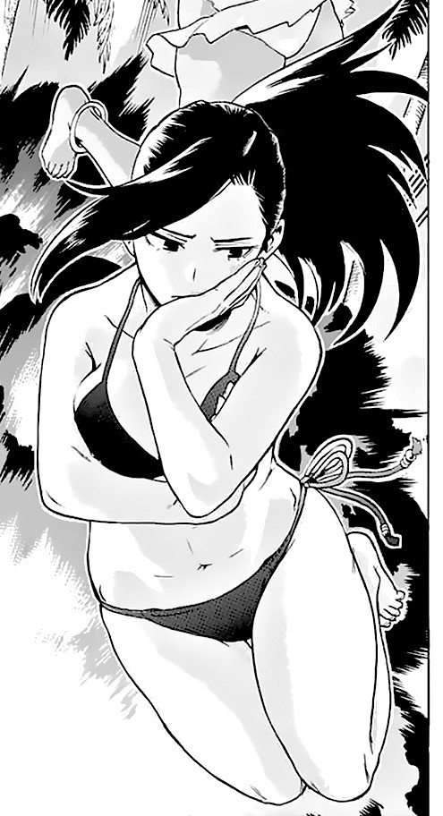 horikoshi kouhei, yaoyorozu momo, boku no hero academia, bad source, official art, 1girl, bikini, black hair, bra, breasts, hand on own face, monochrome, solo focus, stomach, swimsuit, thighs, underwear, wide hips, worried