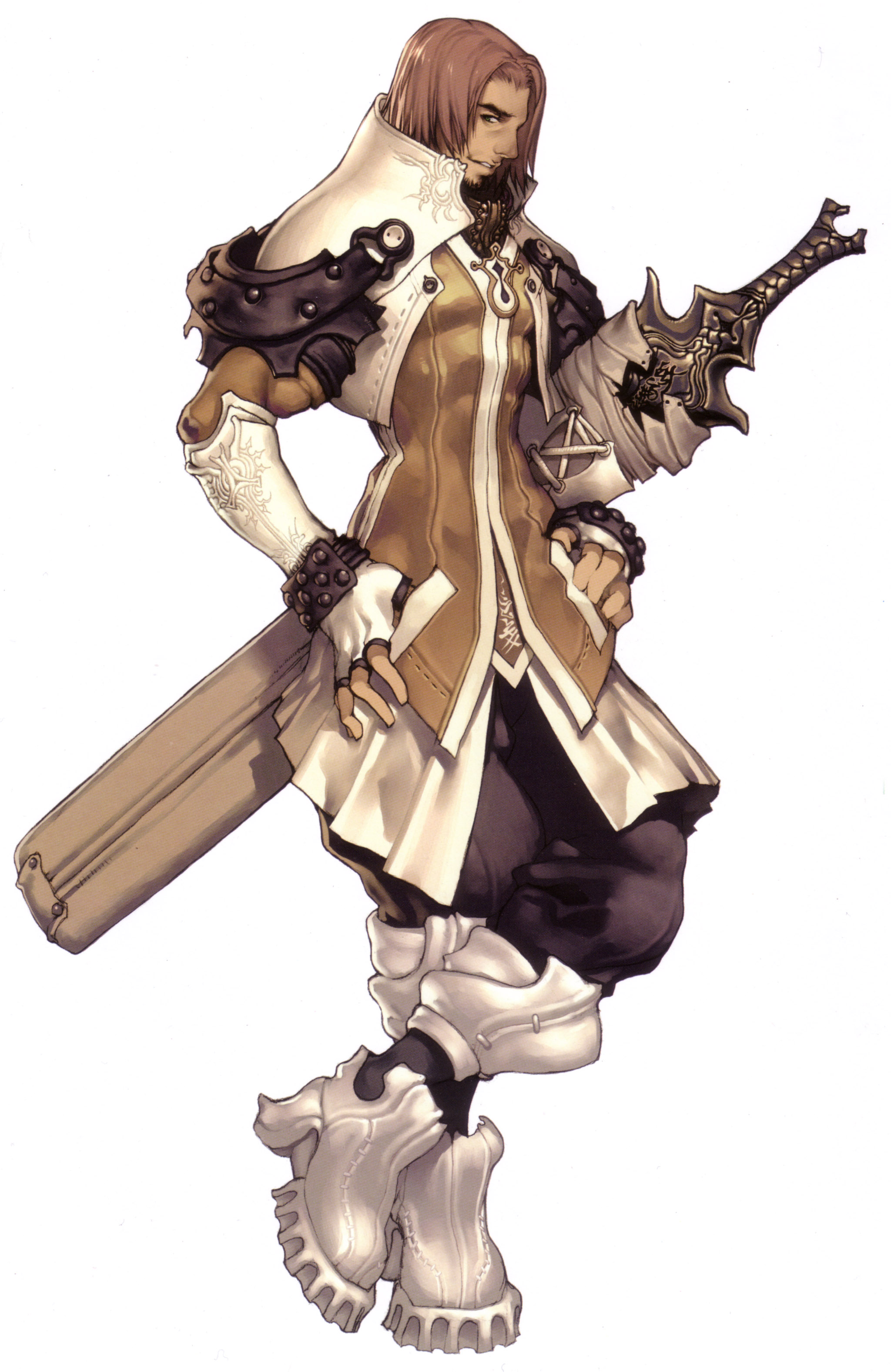 kim hyung tae, raul, magna carta, magna carta crimson stigmata, oxide 2, absurdres, highres, armor, brown hair, facial hair, hands on own hips, knight, simple background, solo, sword, weapon