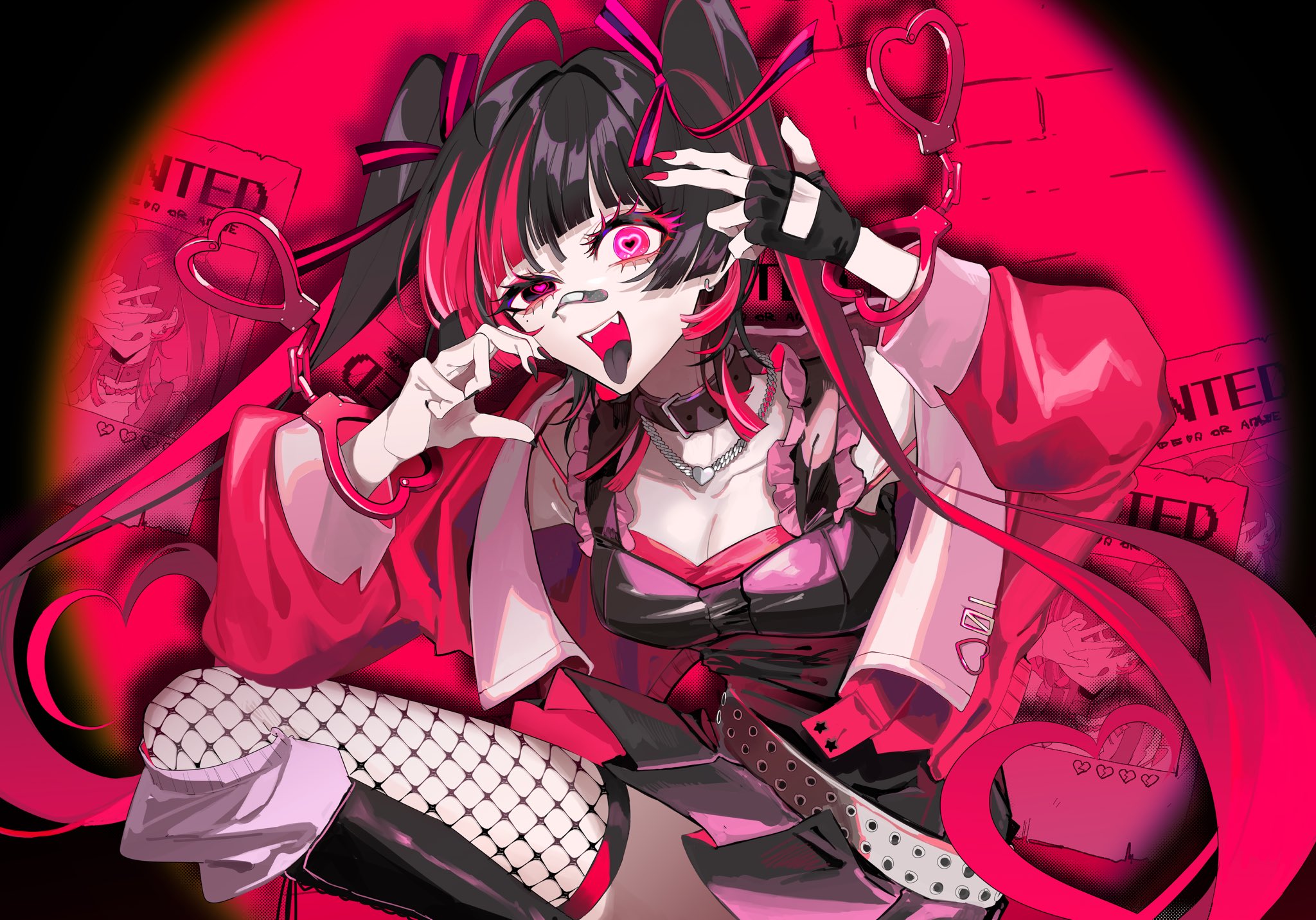 kuroume (aihikarikuroume24), original, silver necklace, commentary request, highres, 1girl, :d, aegyo sal, ahoge, bandaid, bandaid on face, bandaid on nose, bare shoulders, belt, black boots, black bow, black collar, black dress, black eyes, black gloves, black hair, black nails, black tongue, blunt bangs, boots, bow, bra, breasts, brick wall, bright pupils, chain, chain necklace, cleavage, clothing cutout, collar, cuffs, darling game over love (vocaloid), dress, drop shadow, eyelashes, fangs, feet out of frame, finger gun, finger gun to head, fingerless gloves, fishnet thighhighs, fishnets, frilled dress, frills, glove cutout, gloves, grey belt, hair bow, halftone, halftone background, hand on own cheek, hand on own face, handcuffs, hands up, heart, heart-shaped pupils, heart handcuffs, heterochromia, jacket, jewelry, knee boots, knee up, kneehighs, long hair, long sleeves, loose socks, mismatched pupils, multicolored hair, multicolored nails, nail polish, necklace, open clothes, open jacket, open mouth, pink eyes, pink pupils, pink socks, pleated dress, puffy long sleeves, puffy sleeves, red background, red bow, red bra, red hair, red jacket, red nails, red theme, short dress, simple background, single fingerless glove, single glove, sitting, smile, socks, socks over thighhighs, solo, streaked hair, striped bow, symbol-shaped pupils, teeth, thighhighs, twintails, two-tone bow, two-tone hair, underwear, uneven eyes, upper teeth only, very long hair, wanted poster