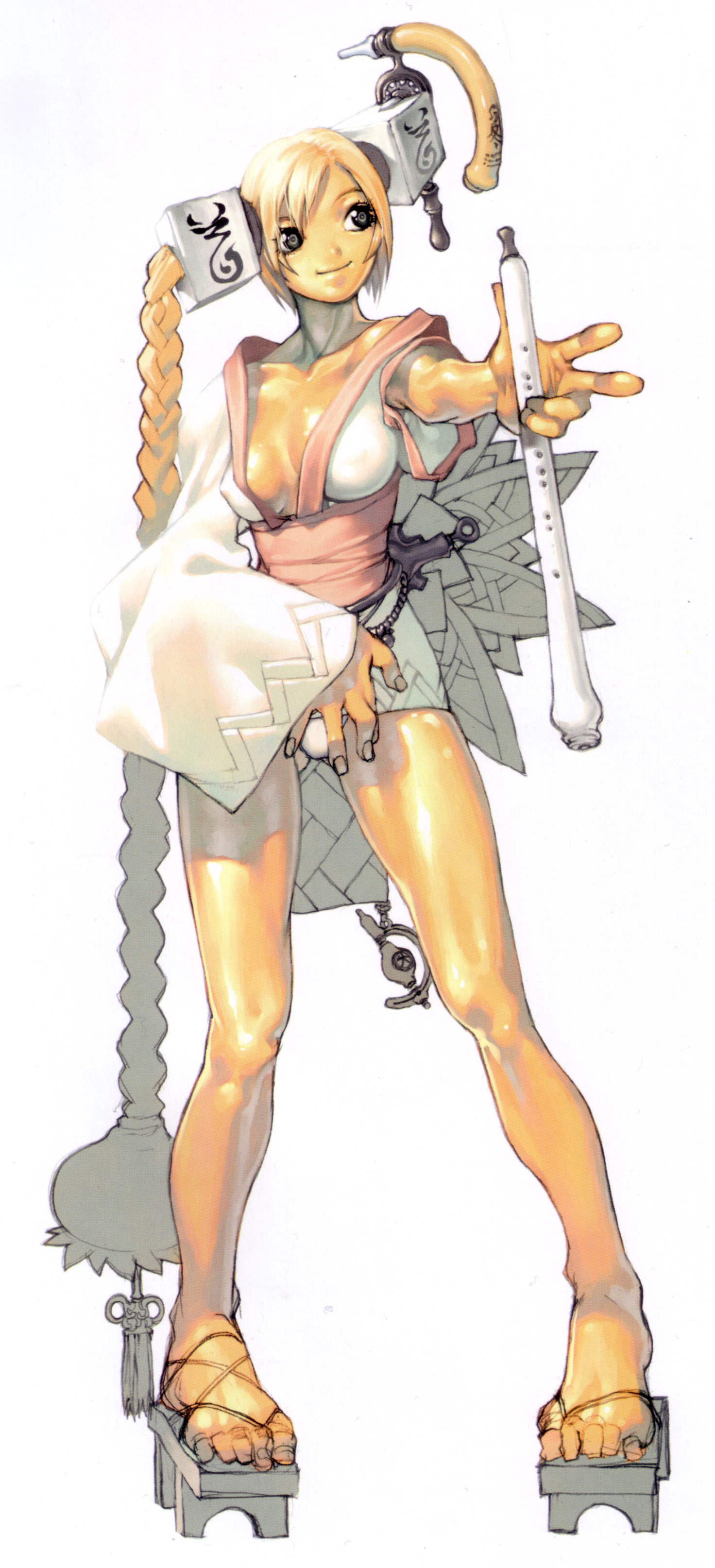 kim hyung tae, magna carta, oxide 2, absurdres, highres, long image, tall image, blonde hair, braid, breasts, china dress, chinese clothes, feet, toes, twintails, underboob