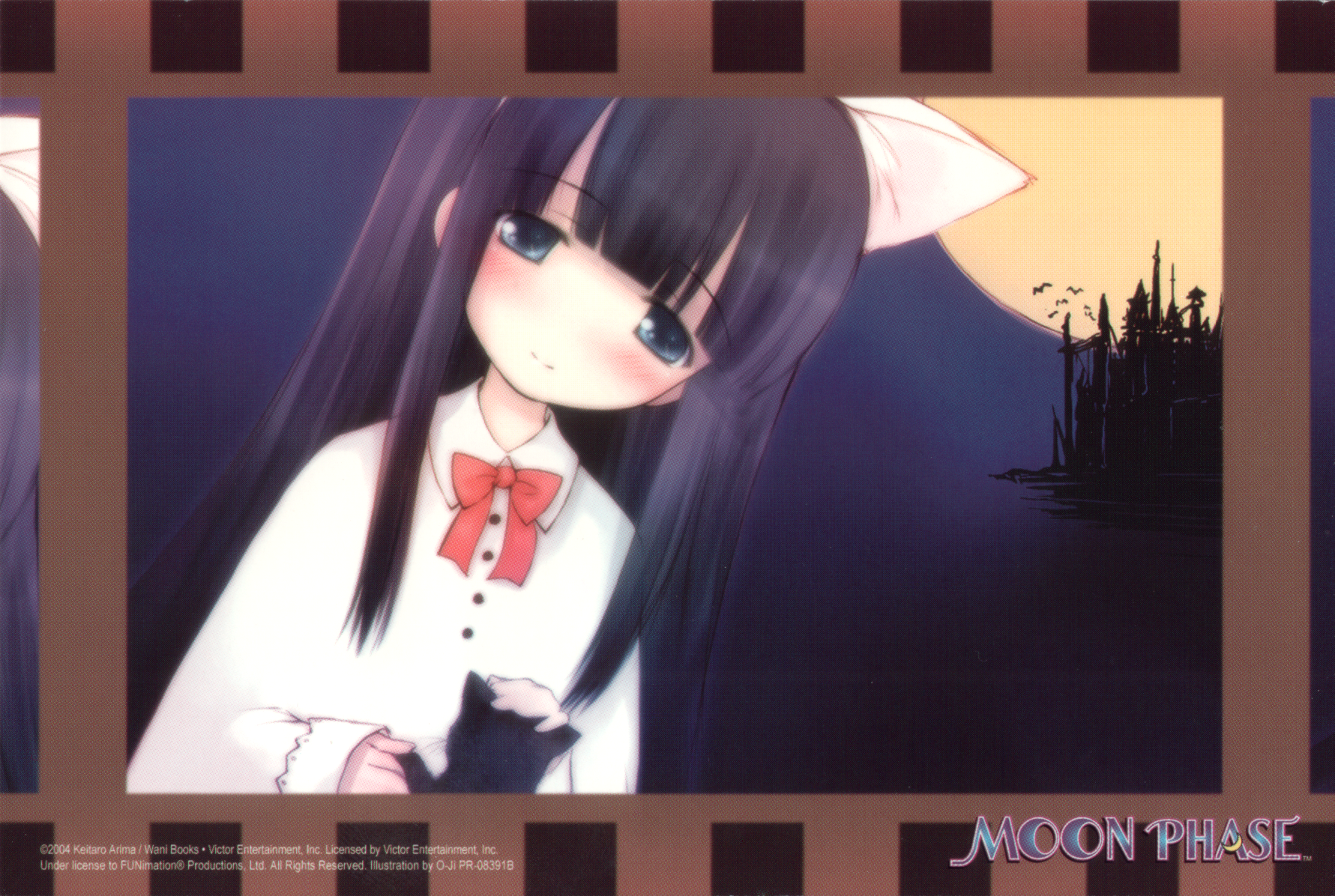 ooji, hazuki (tsukuyomi), tsukuyomi moonphase, end card, highres, 00s, 1girl, animal ears, cat, cat ears, eyecatch, female focus, moon, shirt, solo, white shirt