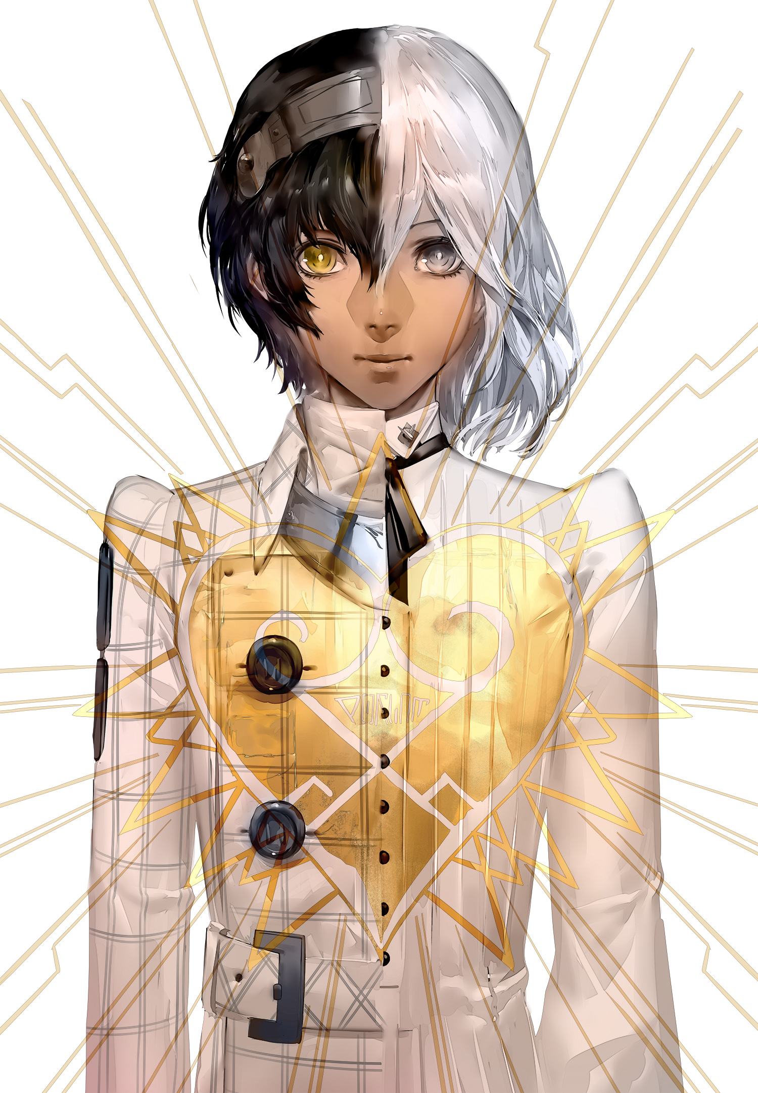 blazpu, protagonist (metaphor: refantazio), the prince (metaphor: refantazio), metaphor: refantazio, highres, spoilers, 2boys, belt, black ribbon, blue hair, buttons, closed mouth, dark-skinned male, dark skin, dual persona, grey eyes, grey hair, grey hairband, hair between eyes, hairband, jacket, long sleeves, male focus, multiple boys, neck ribbon, ribbon, short hair, white background, white belt, white jacket
