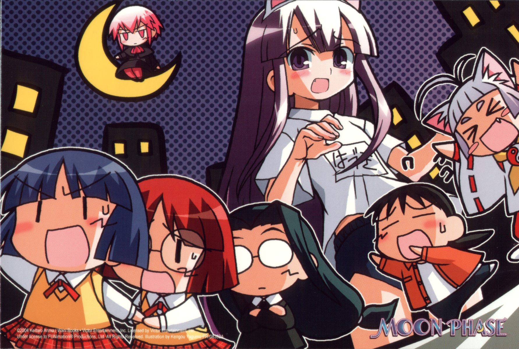 yagumo kengou, artemis, artemis (tsukuyomi), haiji, hazuki (tsukuyomi), midou hikaru, midou kaoru, midou seiji, morioka kouhei, seiji, tsukuyomi moonphase, end card, highres, 00s, 1boy, 6+girls, animal ears, cat ears, chibi, eyecatch, gym uniform, multiple girls