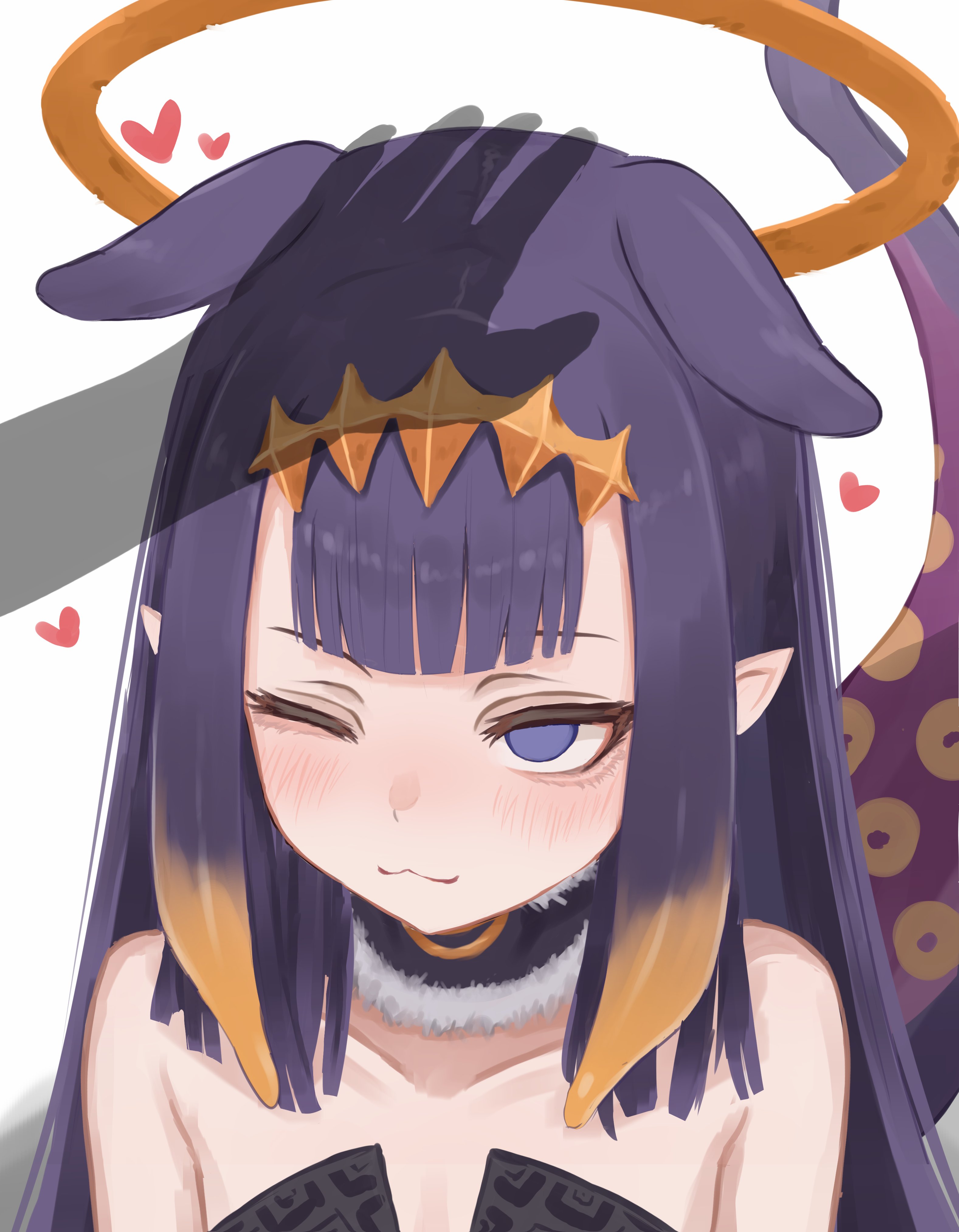 lucien 000298, ninomae ina'nis, ninomae ina'nis (1st costume), hololive, hololive english, absurdres, hashtag-only commentary, highres, 1girl, 1other, ;3, diamond hairband, fur-trimmed collar, fur trim, gradient hair, hairband, halo, headpat, heart, light blush, long hair, multicolored hair, one eye closed, orange hair, orange hairband, orange halo, pointy ears, purple eyes, purple hair, tentacle hair, tentacles, virtual youtuber, white background