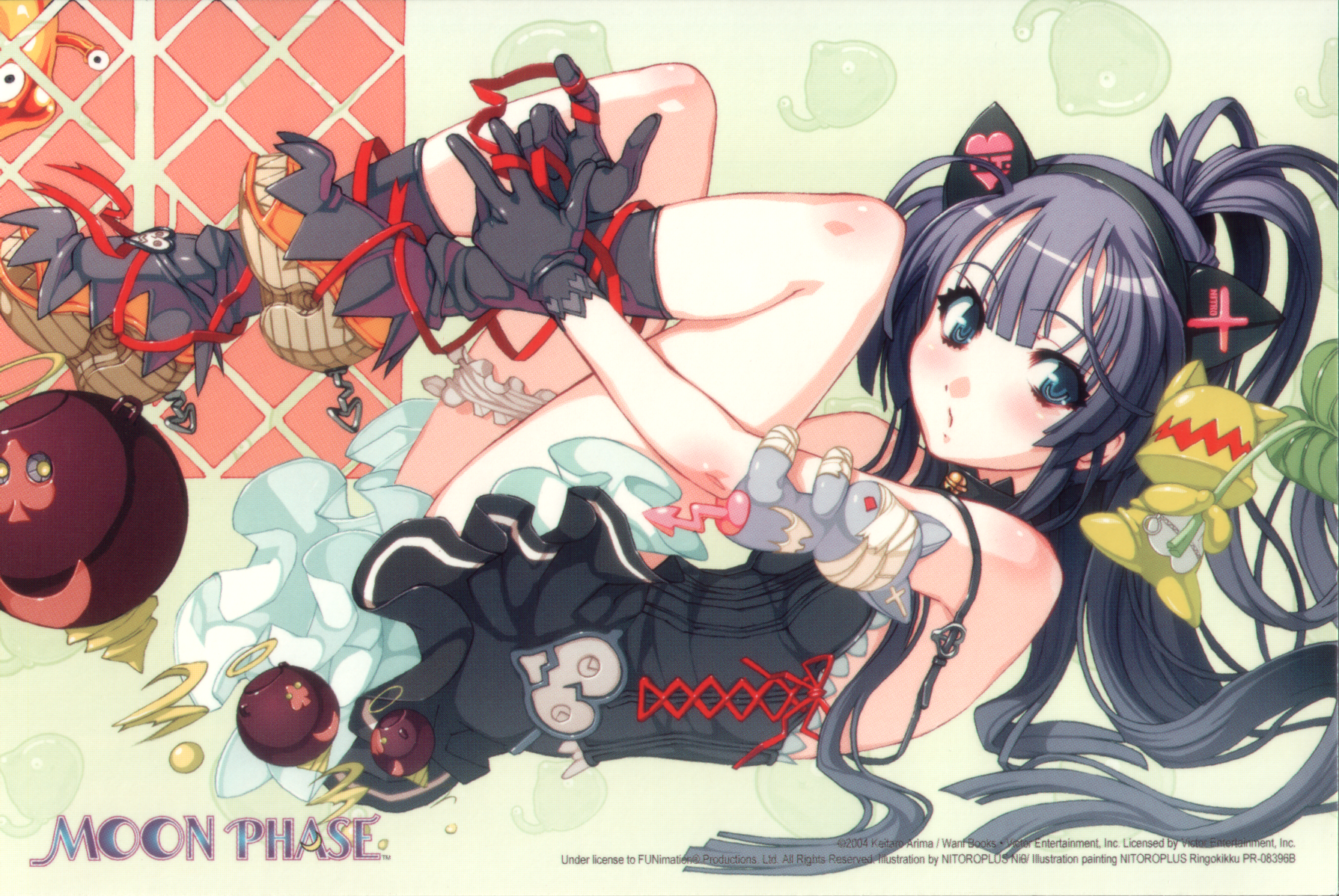 nishii (damnedrive), hazuki (tsukuyomi), nitroplus, tsukuyomi moonphase, end card, highres, scan, 00s, 1girl, animal ears, bell, blue eyes, blush, boots, cat ears, collar, cross, dress, eyecatch, female focus, flat chest, frilled thigh strap, frills, gloves, gothic lolita, hairband, heart, high heels, humanoid robot, jingle bell, latin cross, legs up, lolita fashion, long hair, lying, neck bell, on back, open mouth, ponytail, purple hair, ribbon, robot, shoes, short dress, skirt, solo, stuffed animal, stuffed toy, thigh strap