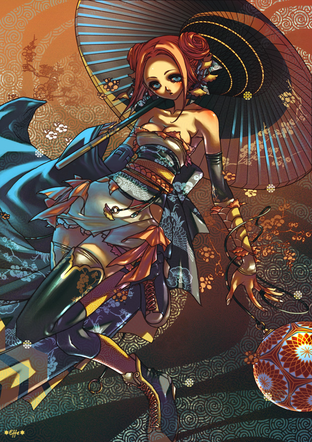 0effe0, original, 1girl, arm warmers, blue eyes, boots, colorful, double bun, female focus, flower, forehead, hair bun, japanese clothes, lolita fashion, obi, oil-paper umbrella, orange hair, parasol, red hair, sash, solo, thighhighs, umbrella, wa lolita, water yoyo