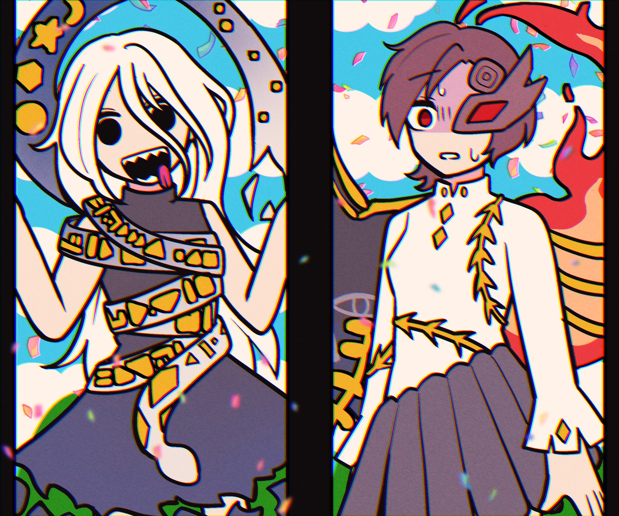 1jumangoku, iwanaga ariya, yuiman asama, mesmerizer (vocaloid), touhou, commentary request, highres, 2girls, black wings, blue sky, brown hair, channel (caststation) (style), cloud, confetti, cowboy shot, dress, empty eyes, fire, grey dress, grey skirt, half mask, long hair, looking at viewer, mask, multiple girls, open mouth, parody, pleated skirt, red eyes, shaded face, sharp teeth, shirt, short hair, skirt, sky, sleeveless, sleeveless dress, smile, style parody, teeth, tongue, tongue out, white shirt, wings