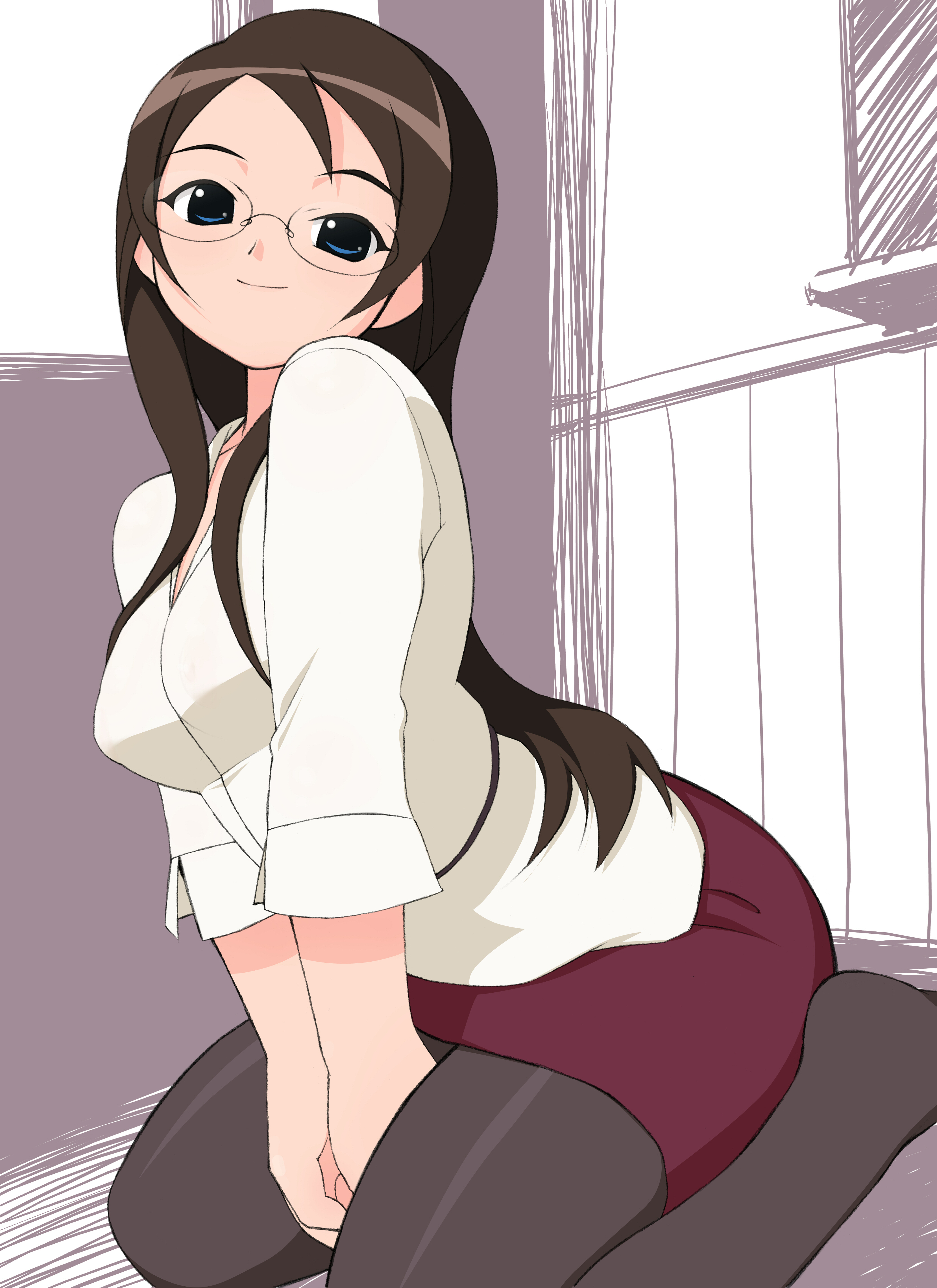 elf k, hanna (chicchana yukitsukai sugar), chicchana yukitsukai sugar, absurdres, highres, 00s, 1girl, breasts, female focus, glasses, kneeling, moe (phrase), pantyhose, smile, solo