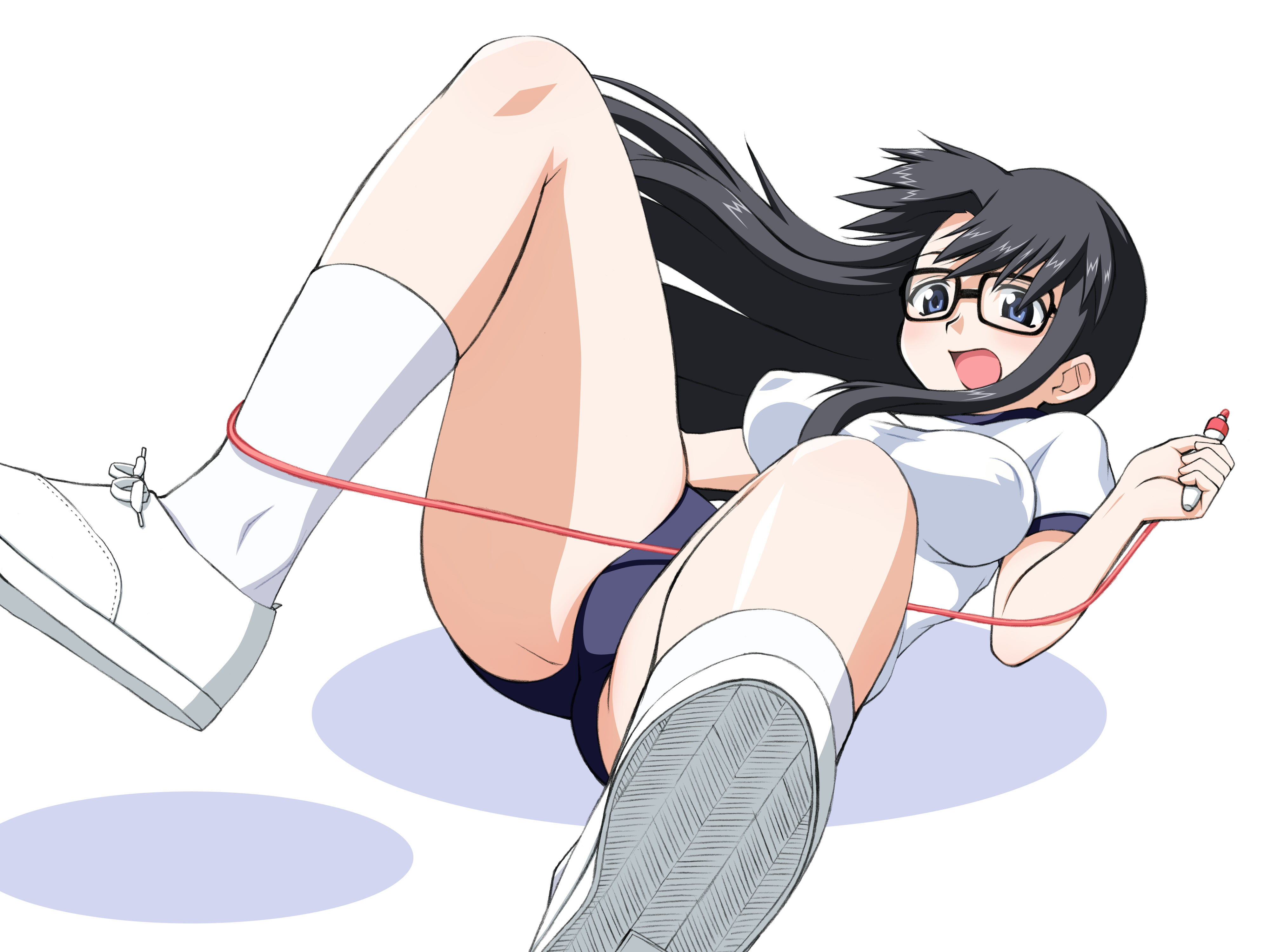 elf k, yomiko readman, read or die, absurdres, highres, 00s, 1girl, breasts, covered erect nipples, entangled, female focus, glasses, gym uniform, jump rope, large breasts, socks, solo