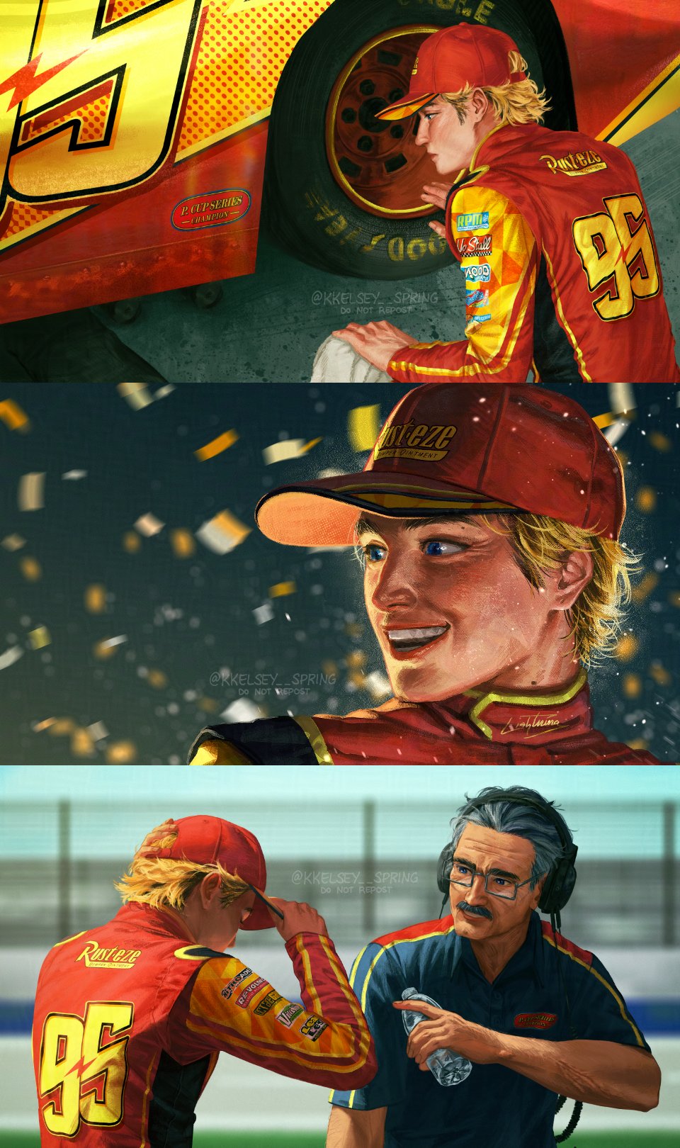 kkelsey spring, lightning mcqueen, cars (movie), highres, 2boys, blonde hair, car, glasses, grey hair, motor vehicle, multiple boys, solo focus
