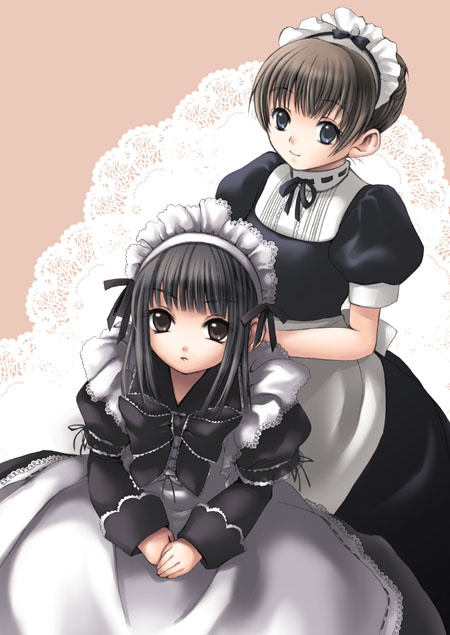umitsuki kouna, original, 2girls, adjusting another's clothes, apron, black eyes, black hair, bow, brown hair, maid, maid apron, maid headdress, multiple girls, ribbon trim