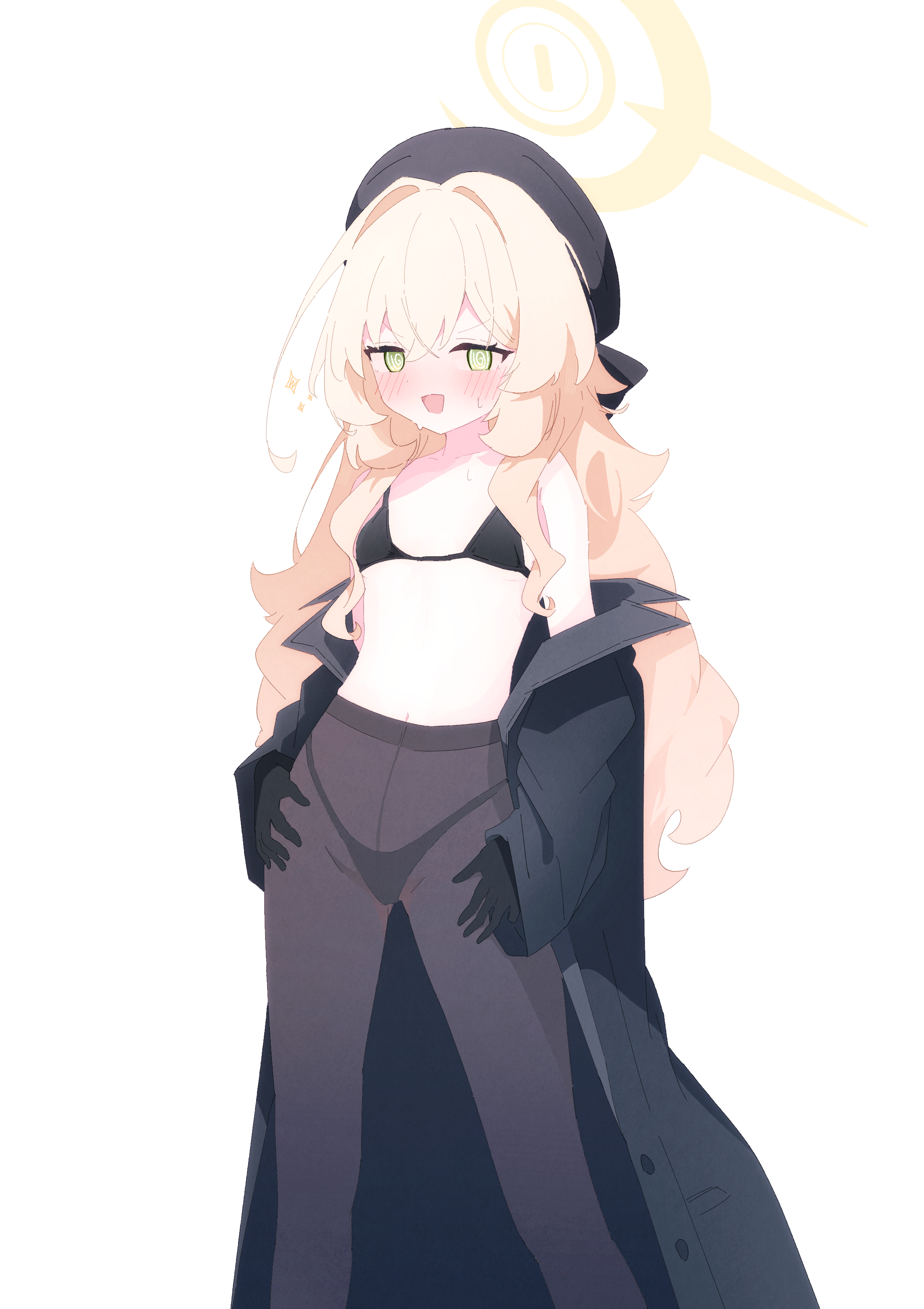 shiratos nas, professor niyaniya (blue archive), blue archive, absurdres, commentary request, highres, 1girl, @ @, beret, black bra, black gloves, black hat, black panties, black pantyhose, blonde hair, blush, bra, embarrassed, gloves, green eyes, halo, hat, highleg, highleg panties, jacket, long hair, looking at viewer, navel, nervous smile, nervous sweating, open clothes, open jacket, panties, panties under pantyhose, pantyhose, simple background, smile, solo, sweat, underwear, undressing, white background, yellow halo