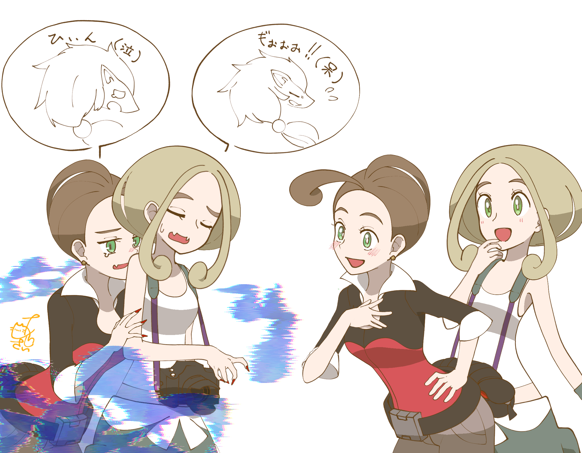ajisai (oekaki251), alexa (pokemon), disguised zoroark, viola (pokemon), zoroark, nintendo, pokemon, pokemon xy, highres, 4girls, blonde hair, brown hair, camera, closed eyes, fangs, fanny pack, gen 5 pokemon, green eyes, hand on own hip, illusion (pokemon), looking at another, midriff, multiple girls, shirt, siblings, sisters, sleeveless, sleeveless shirt, white shirt