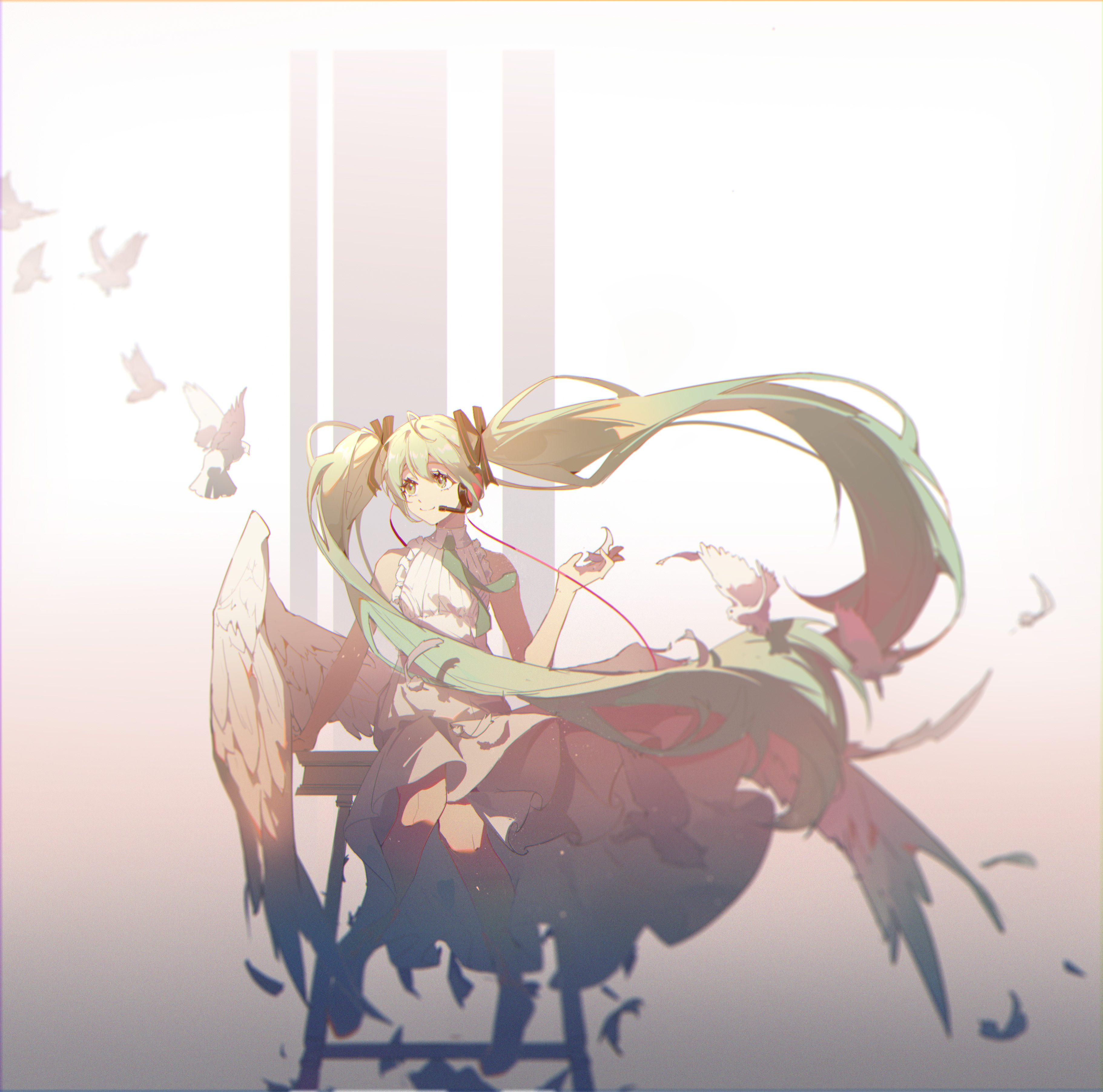 hatsune miku, vocaloid, absurdres, highres, 1girl, alternate costume, aqua necktie, arm at side, arm support, bare arms, bench, bird, black ribbon, blurry edges, closed mouth, collared dress, dot nose, dress, empire waist, eyelashes, facing viewer, falling feathers, feathers, flat chest, floating hair, flock, frilled dress, frills, full body, green eyes, green hair, hair between eyes, hair ribbon, hand up, happy, headset, holding, holding feather, knees together feet apart, light particles, long dress, long hair, looking afar, necktie, on bench, ribbon, sepia, sidelighting, sidelocks, simple background, sitting, sleeveless, sleeveless dress, smile, solo, songnone, striped ribbon, tareme, thick eyelashes, twintails, vertical-striped ribbon, very long hair, warm colored, white background, white bird, white dress, white feathers