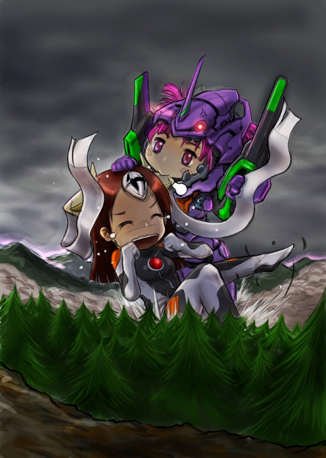 angel (evangelion), eva 01, zeruel (evangelion), neon genesis evangelion, biting ear, spoilers, 2girls, :>, battle, biting, chibi, closed eyes, cosplay, crying, eating, forest, giant, giantess, laughing, long hair, mecha, mecha musume, multiple giantesses, multiple girls, nature, parody, personification, pink hair, purple eyes, red hair, robot, science fiction, short hair, tears, tickling, tickling ears