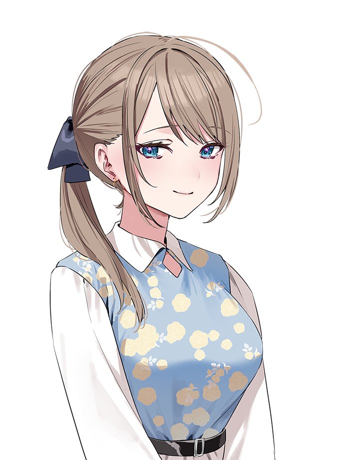 chigusa minori, watashitachi fake marriage?, commentary request, 1girl, blue eyes, blue shirt, breasts, brown hair, large breasts, long hair, looking at viewer, mishima yukinobu, ponytail, shirt, simple background, solo, upper body, white background