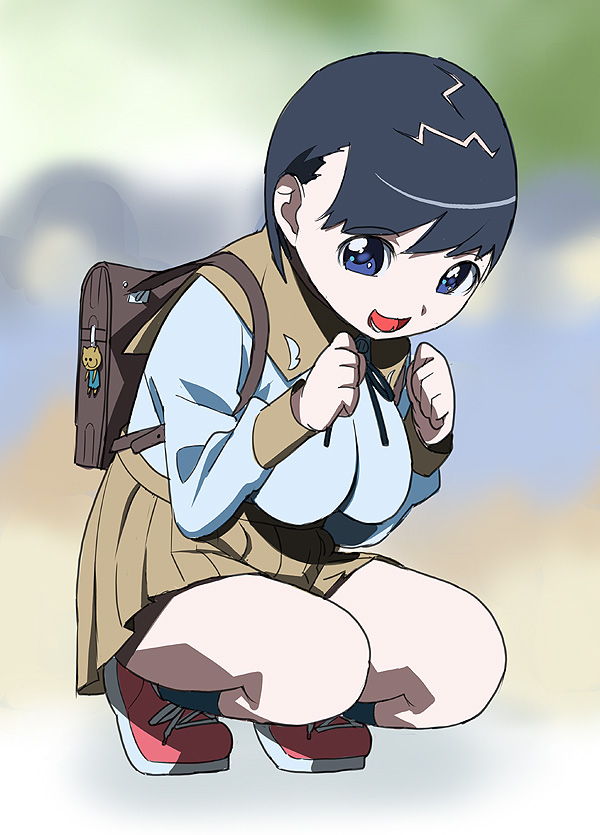kawasaki kazuhiko, original, backpack, bag, blue eyes, breasts, large breasts, oppai loli, randoseru, solo, squatting