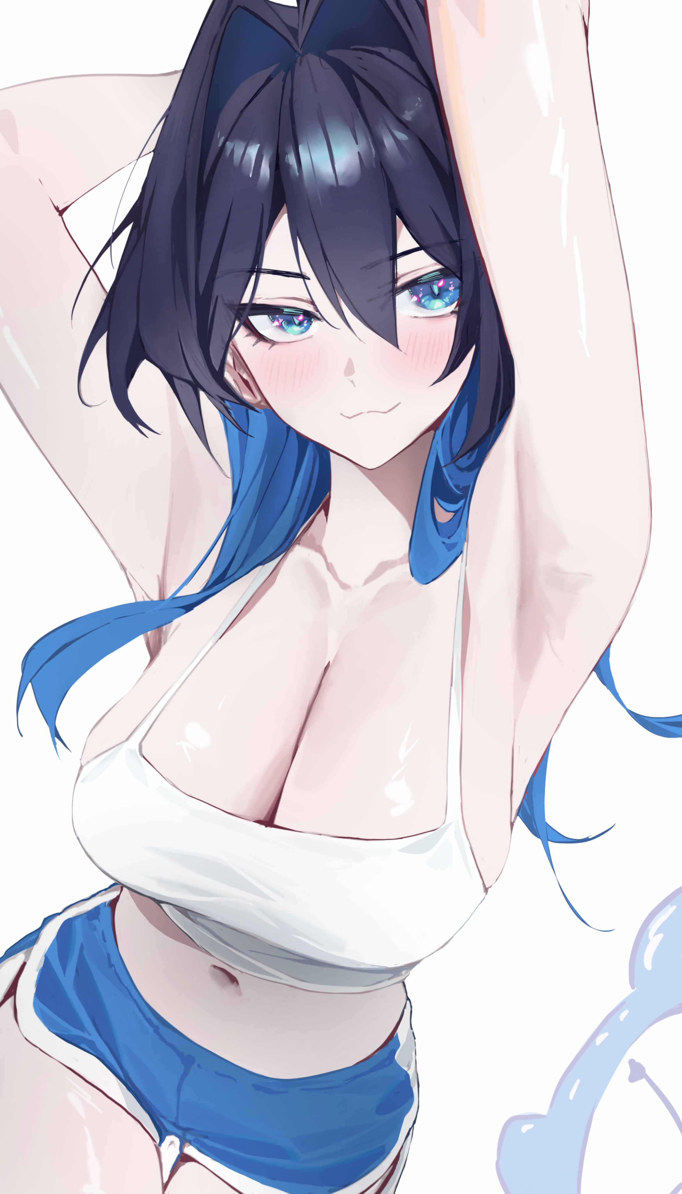 yoellim5, kronie (ouro kronii), ouro kronii, hololive, hololive english, absurdres, commentary, highres, 1girl, alternate costume, armpit focus, armpits, arms behind head, arms up, black hair, blue eyes, blue hair, blue shorts, breasts, camisole, cleavage, closed mouth, collarbone, colored inner hair, crop top, dolphin shorts, hair between eyes, hair intakes, large breasts, light blush, long hair, looking at viewer, midriff, multicolored hair, navel, shorts, simple background, solo, two-tone hair, virtual youtuber, white background, white camisole