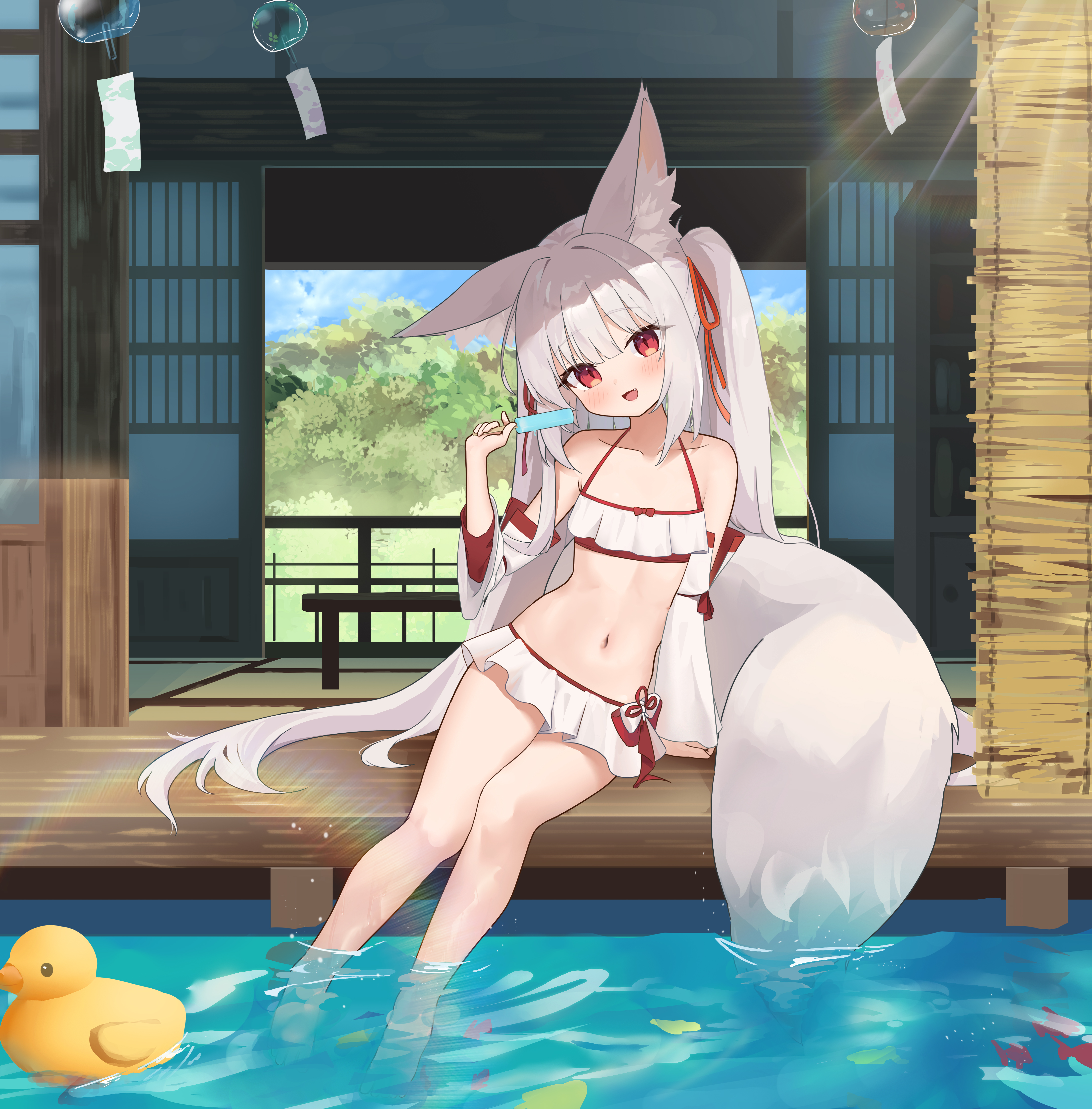 dodo24850918, original, absurdres, highres, 1girl, animal ear fluff, animal ears, barefoot, bikini, bikini skirt, detached sleeves, food, fox ears, fox girl, fox tail, long hair, microskirt, navel, open mouth, popsicle, red eyes, ribbon, rubber duck, sitting, skirt, smile, soaking feet, solo, swimsuit, tail, thighs, two side up, very long hair, water, white bikini, white hair, white skirt, white sleeves, wind chime