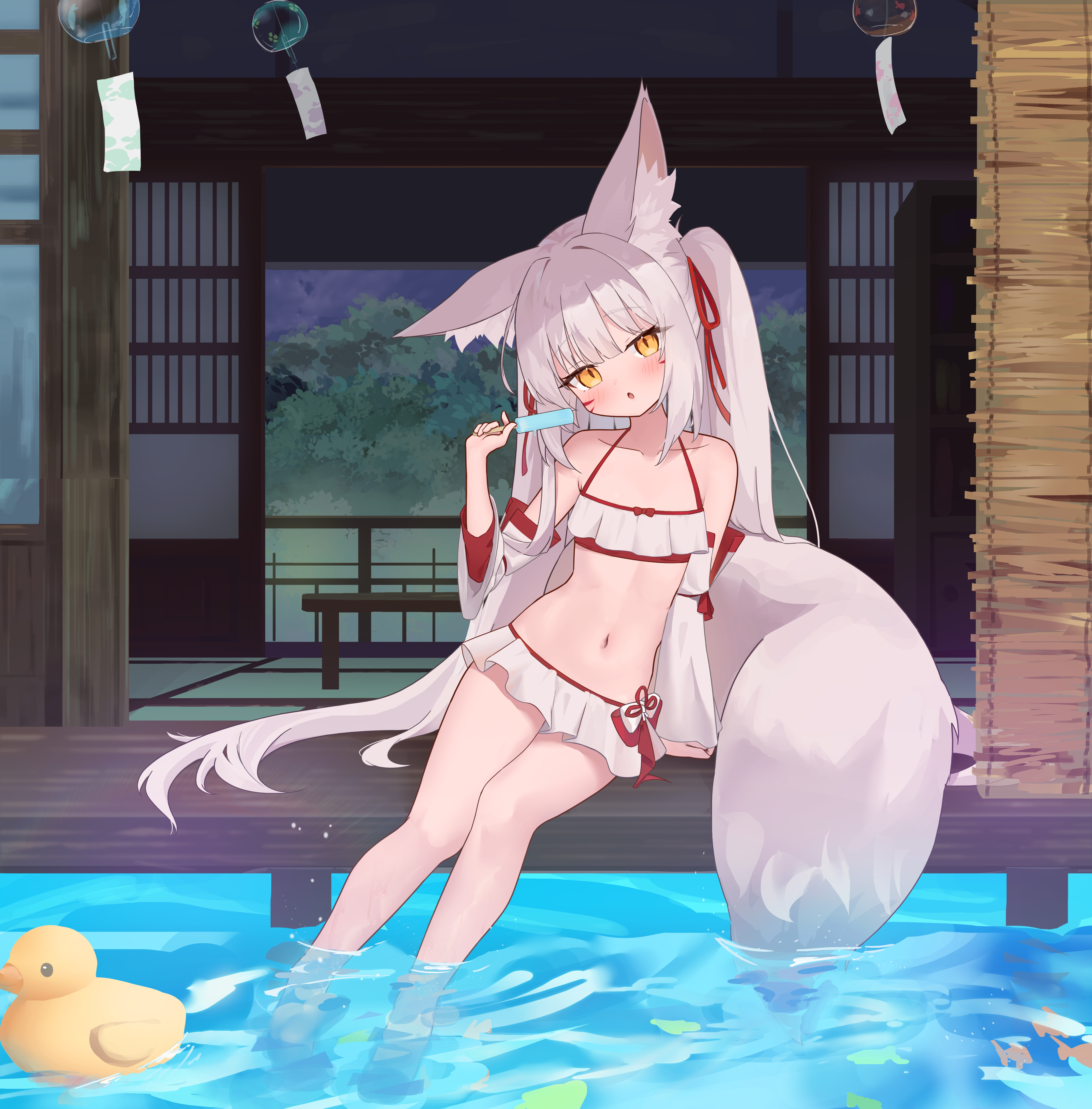dodo24850918, original, absurdres, highres, 1girl, animal ear fluff, animal ears, barefoot, bikini, bikini skirt, detached sleeves, food, fox ears, fox girl, fox tail, long hair, microskirt, navel, popsicle, ribbon, rubber duck, sitting, skirt, soaking feet, solo, swimsuit, tail, thighs, two side up, very long hair, water, white bikini, white hair, white skirt, white sleeves, wind chime, yellow eyes